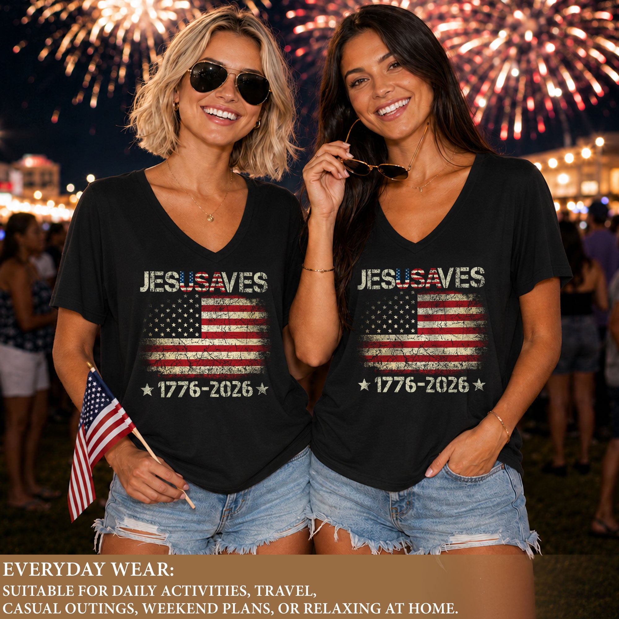 Women's JESUSAVES 1776-2026 V-Neck Tee - Patriotic Faith Graphic Summer Shirt