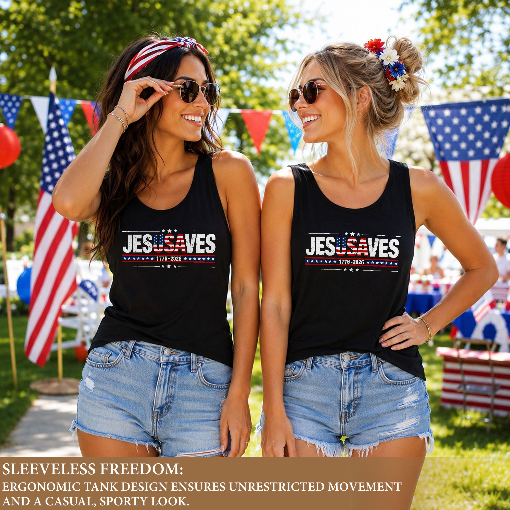 JESUSAVES Tank Top Women Christian Patriotic US Flag 1776-2026 Faith 4th of July Shirt
