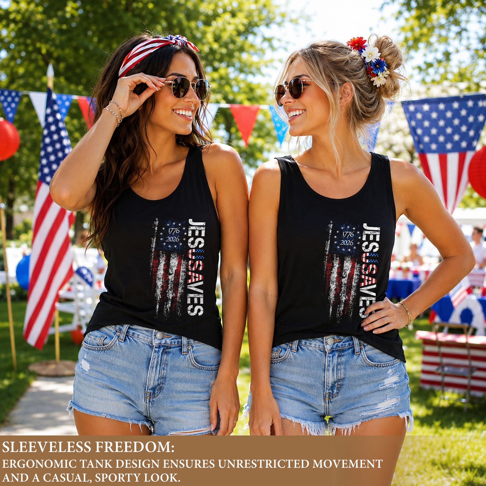 JESUSAVES Women's Tank Top Patriotic Flag 1776-2026 Christian Faith Graphic Shirt