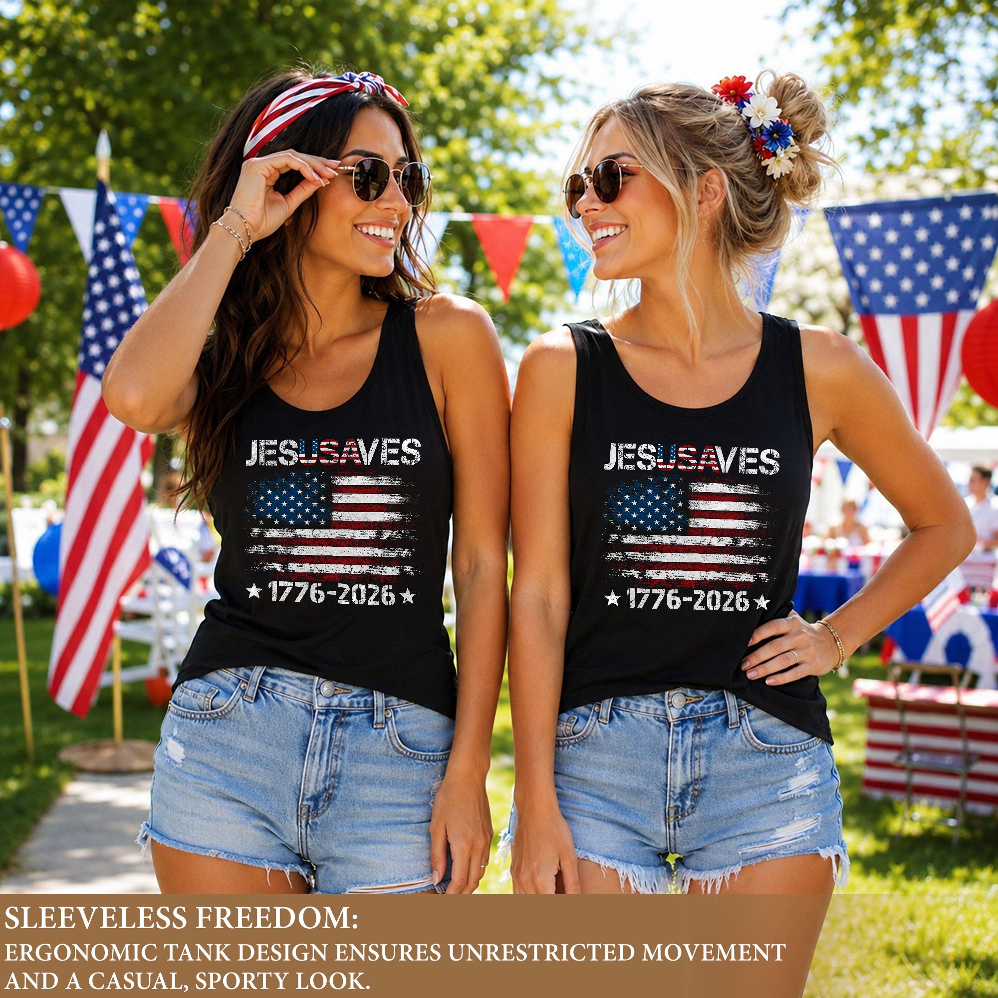 JESUSAVES Women's Tank Top Patriotic American Flag 1776-2026 Christian Faith Shirt