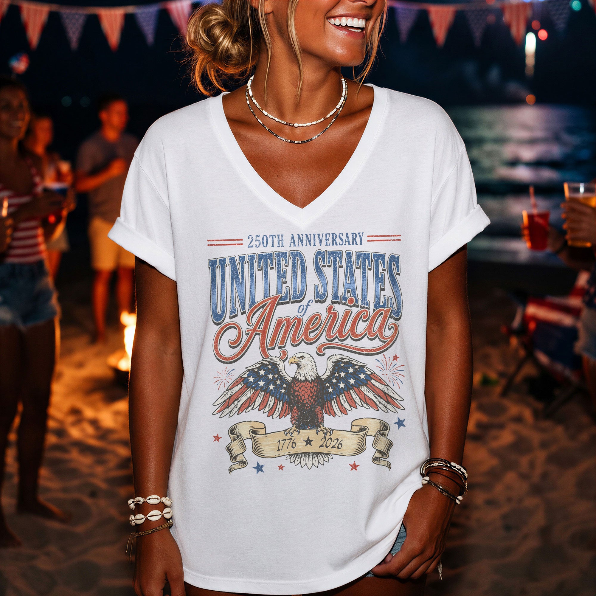 250th Anniversary United States Of America V-Neck Tee Patriotic Women's Holiday Shirt - Rust Field Wear