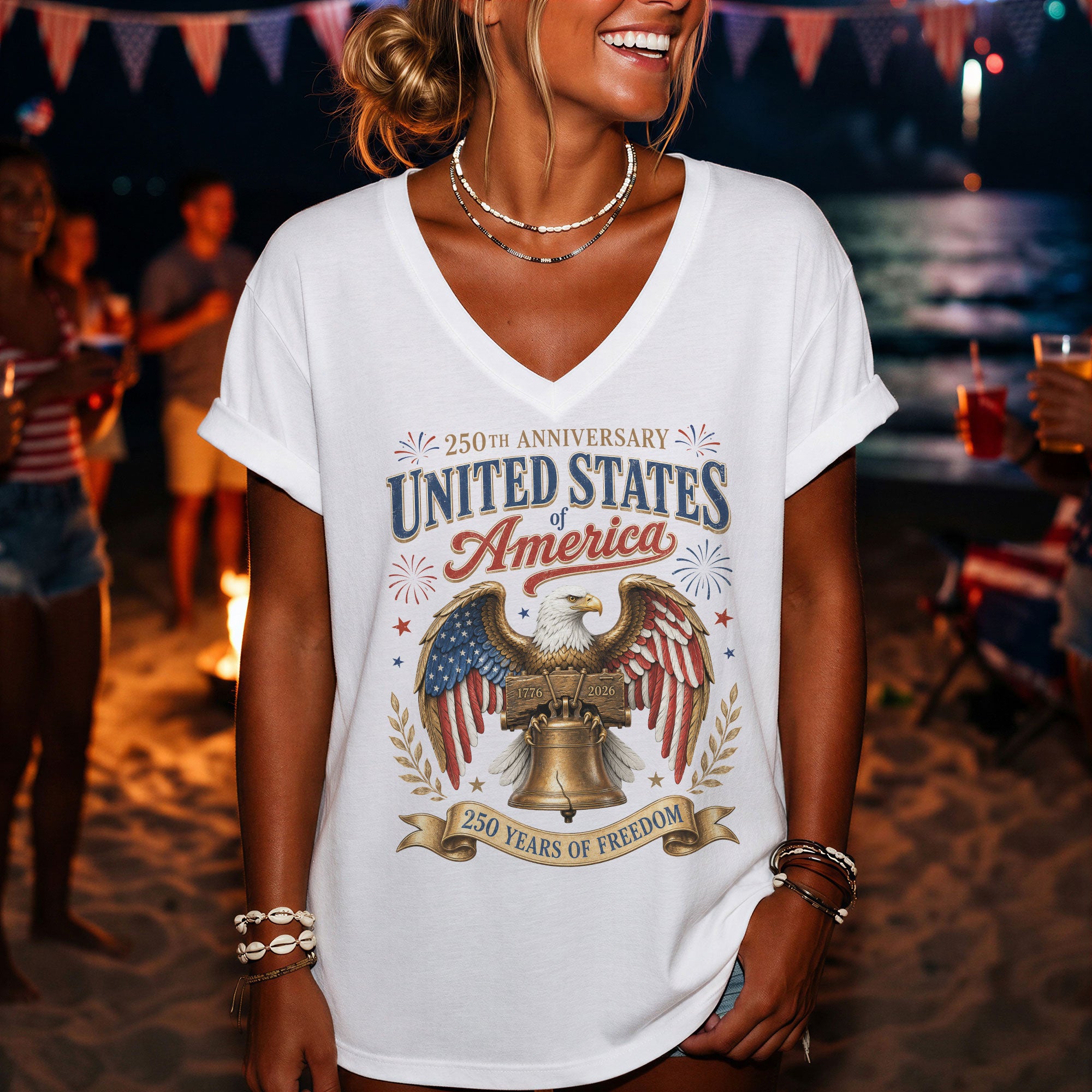 Patriotic 250th Anniversary V-Neck T-Shirt United States Of America Freedom Graphic - Rust Field Wear