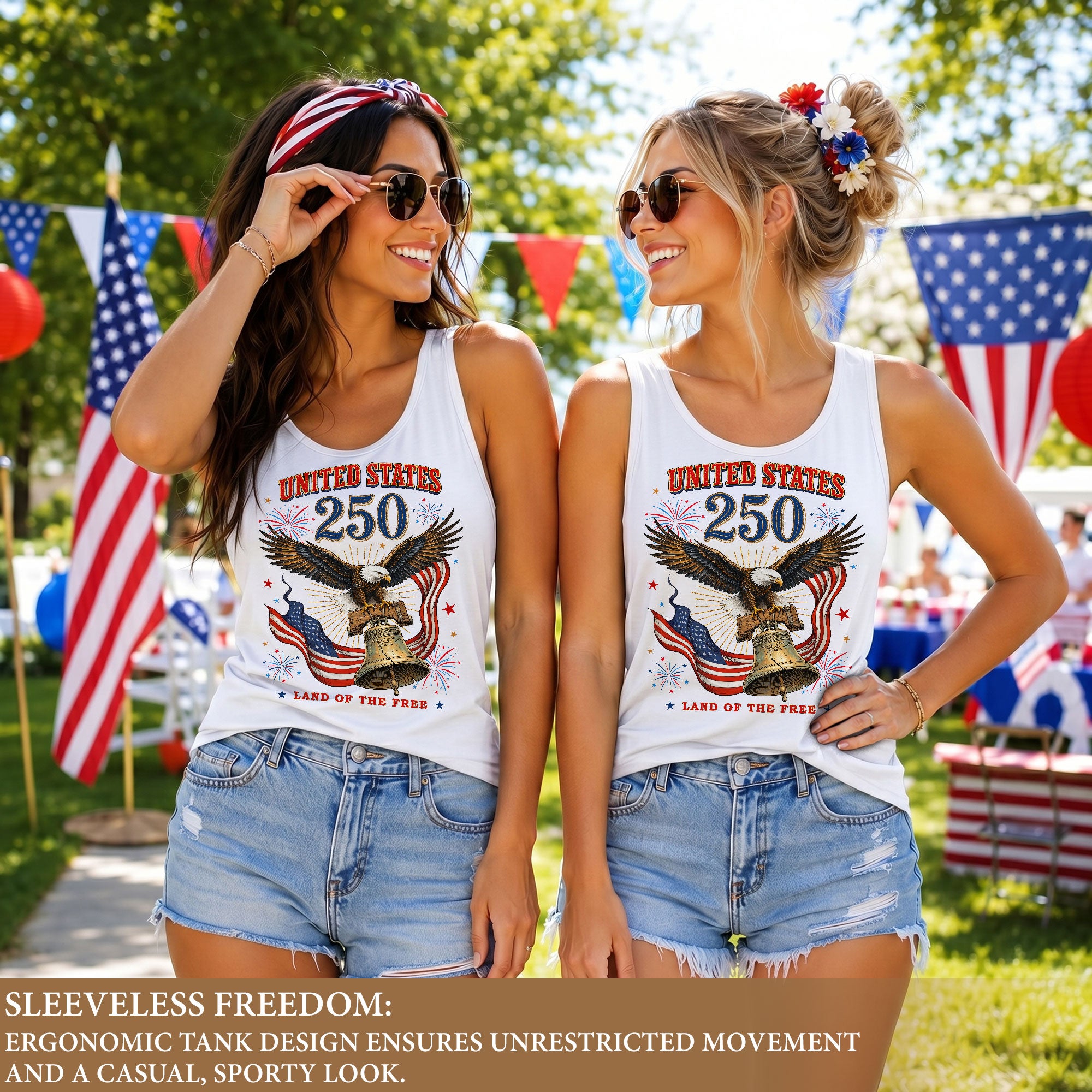 Women Vintage Tank Top 250th Anniversary US Flag Liberty Bell United States Shirt - Rust Field Wear