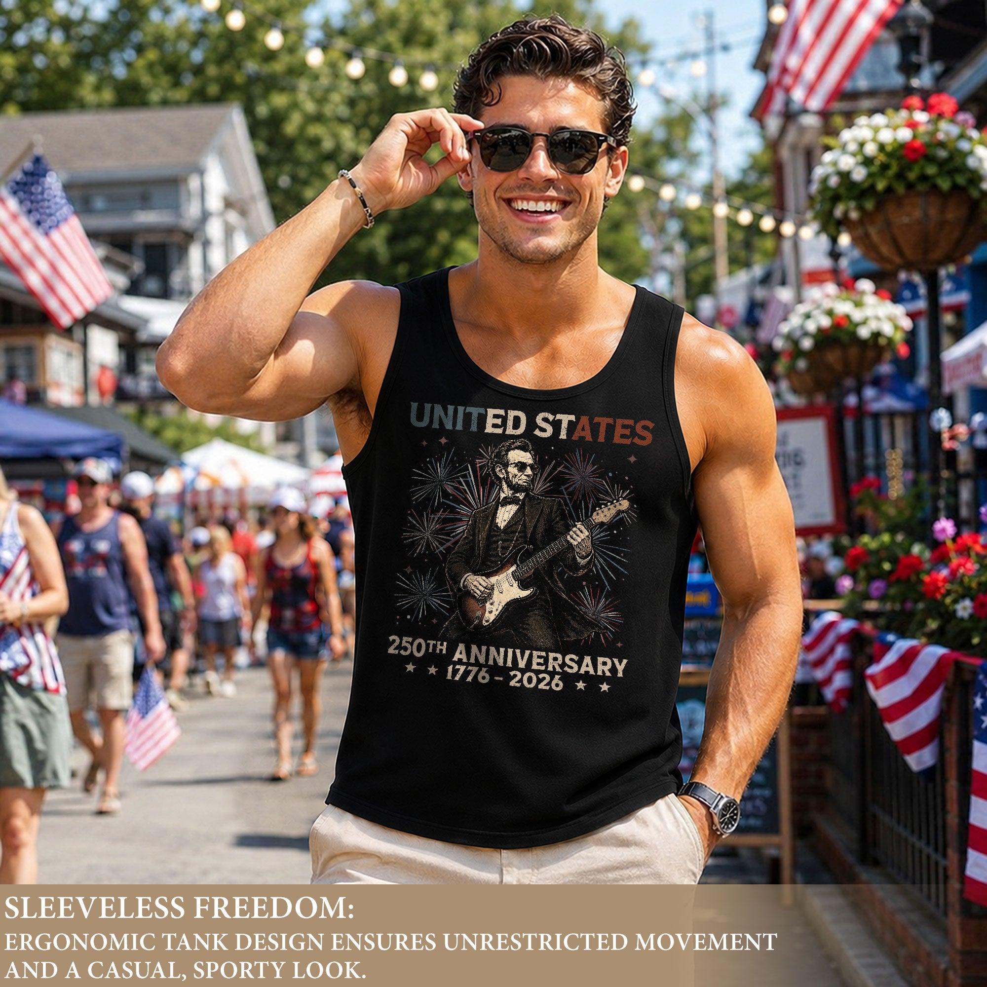 Rockstar Lincoln Fireworks Men Tank Top - Patriotic 1776 2026 Guitar Vintage Gym Shirt - Rust Field Wear