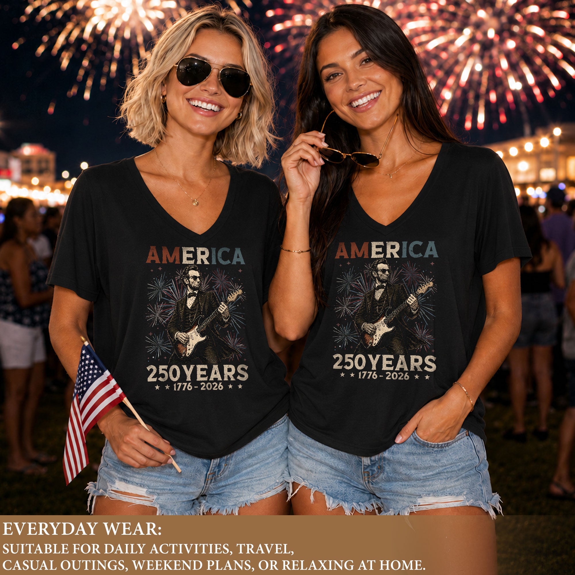 Lincoln Rocker 1776-2026 Patriotic V-Neck Tee - Women's Graphic Summer Shirt Top