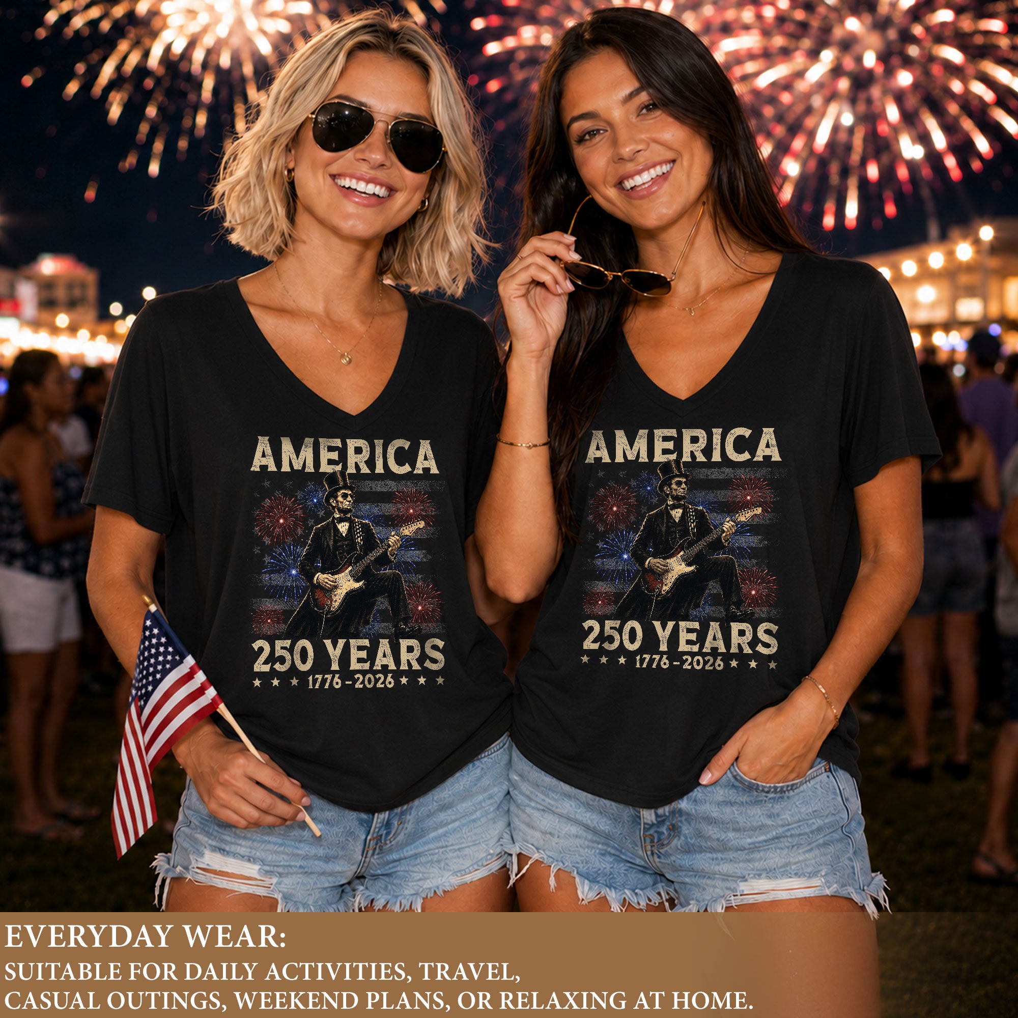 Graphic Lincoln 1776-2026 Patriotic V-Neck Tee - Women's Summer Casual Apparel