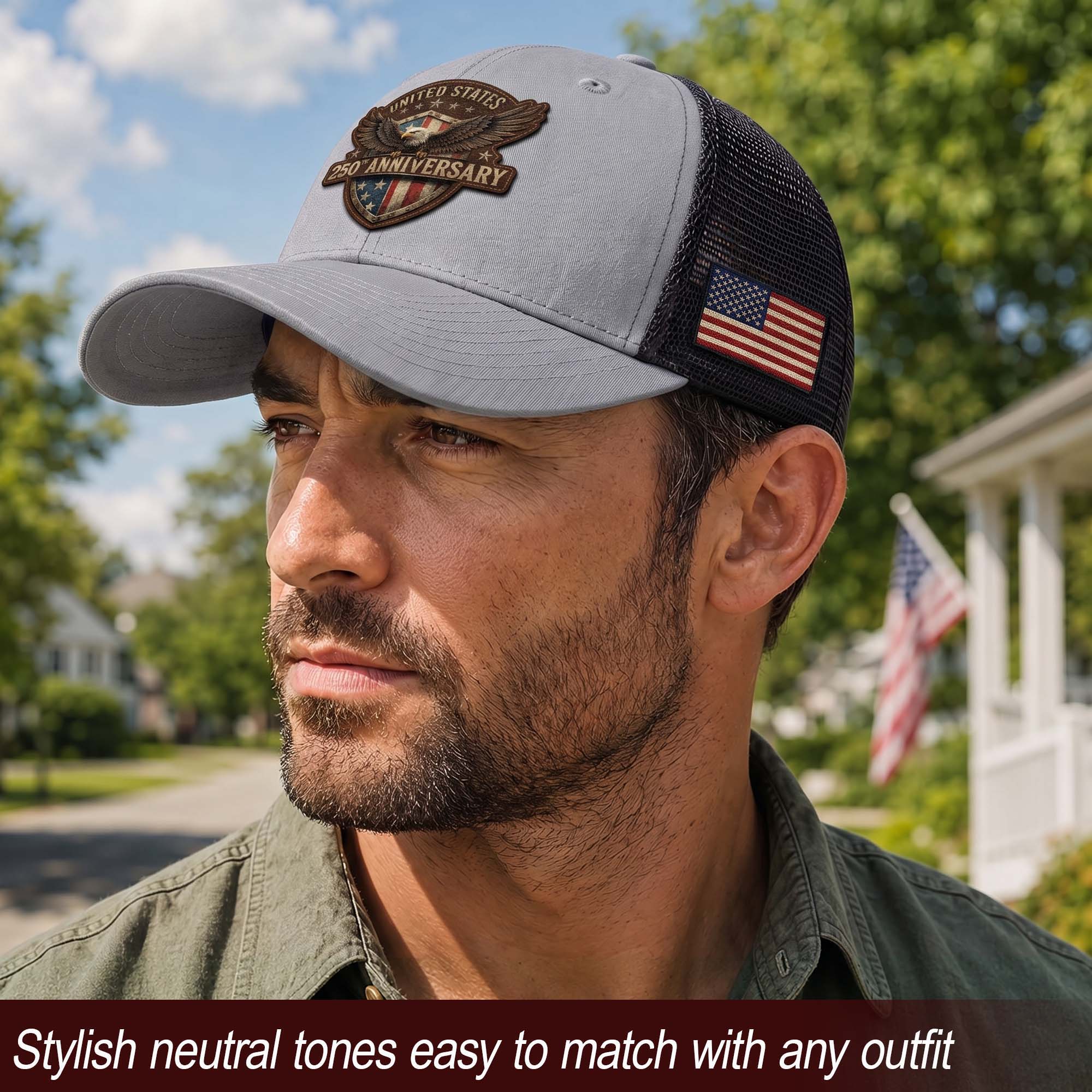 Leather Patch Hat US 250th Anniversary Trucker Cap Patriotic American Eagle Mesh Hat