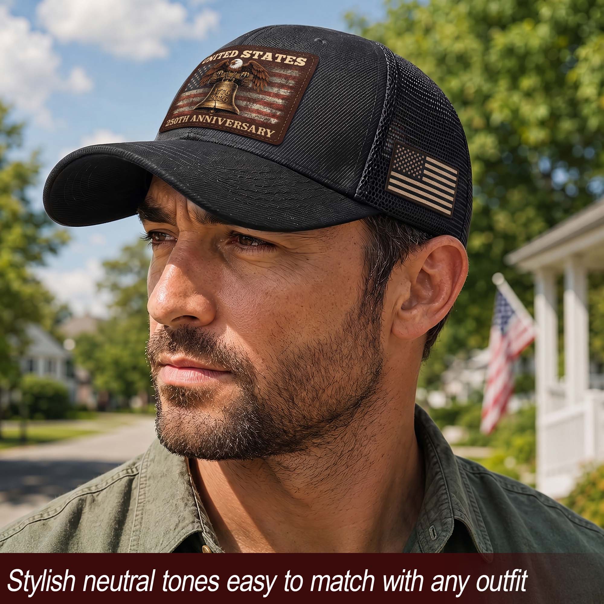 Patriotic Trucker Hat United States 250th Anniversary American Eagle Leather Patch Cap