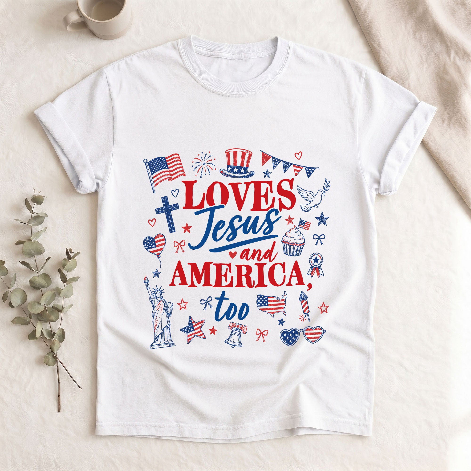 Loves Jesus and America Too Shirt Patriotic Christian Tee Religious United States Apparel