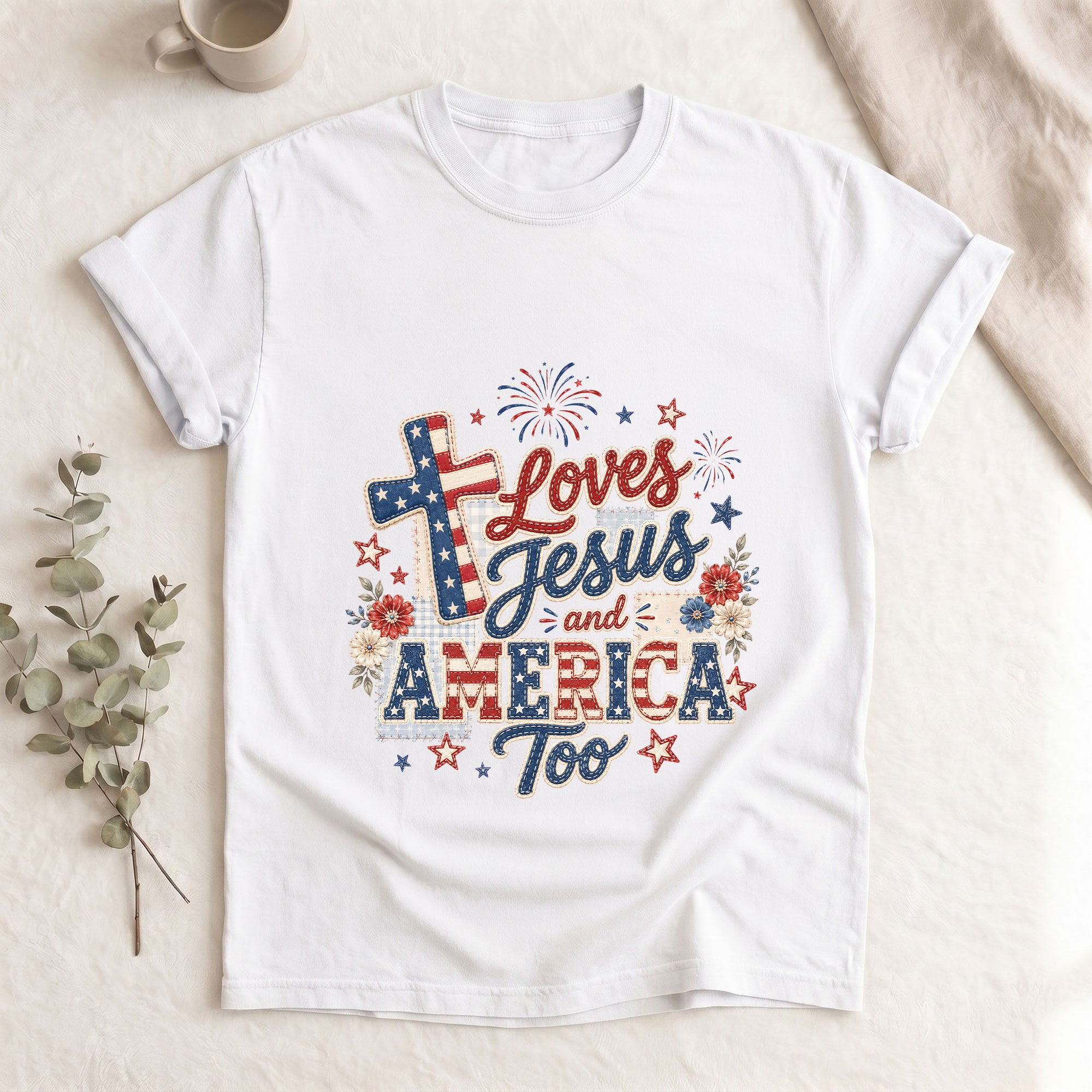 Loves Jesus and America Too Shirt Christian Cross Graphic Tee Patriotic Faith Western Top