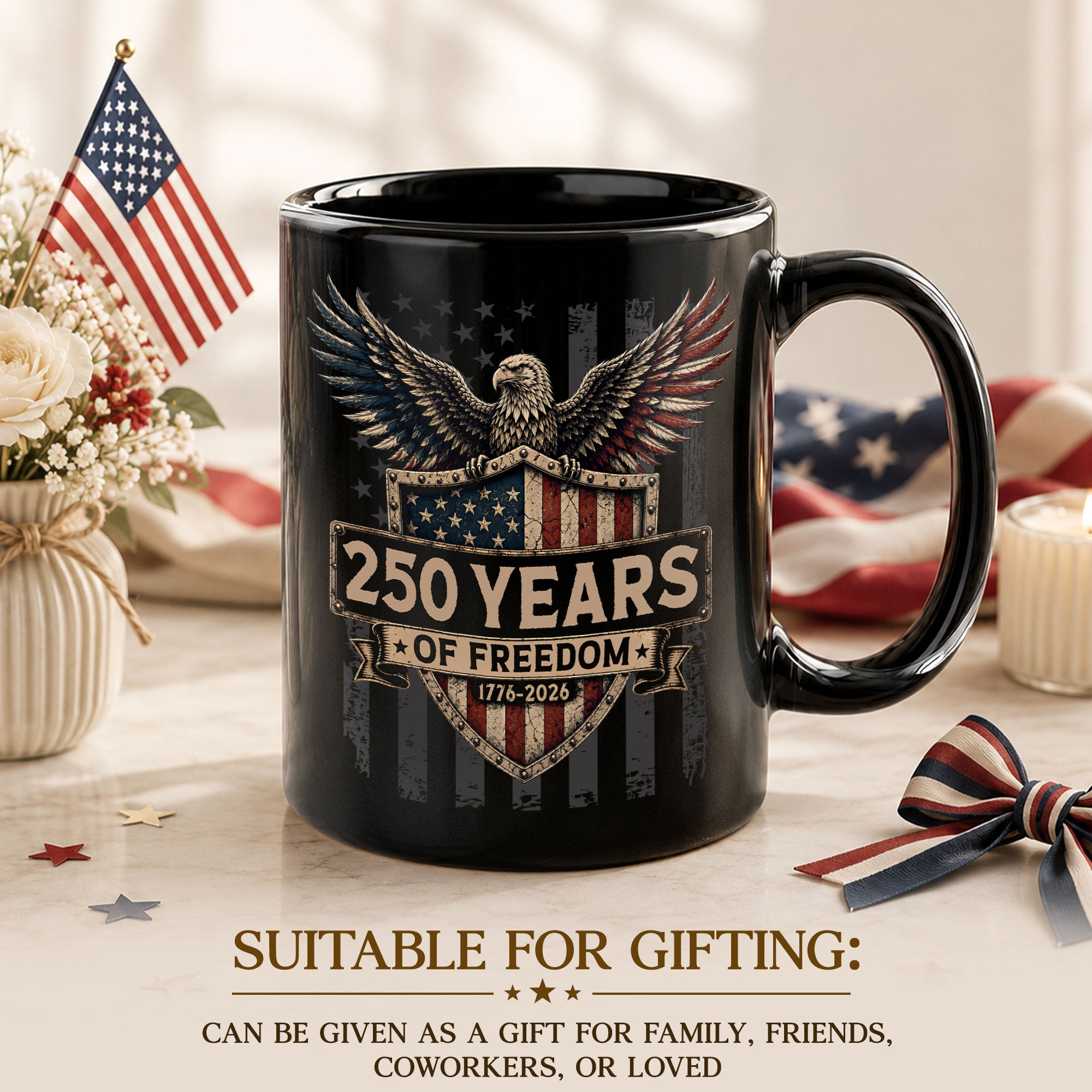 250 Years of Freedom Mug Patriotic American Eagle 1776-2026 US Flag Shield Ceramic Gift