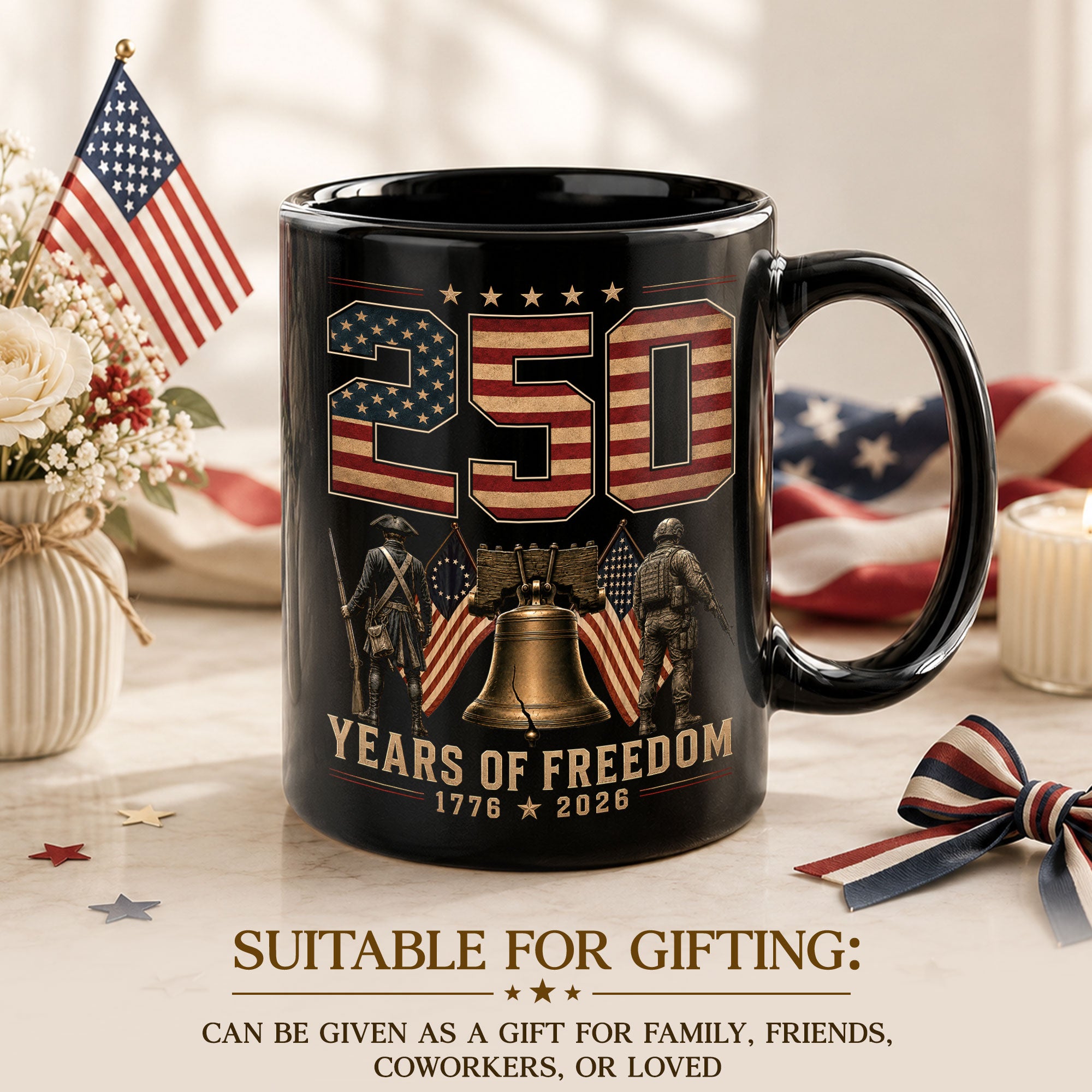 250 Years of Freedom Mug Liberty Bell Patriotic 1776-2026 Revolutionary Soldier Ceramic Cup