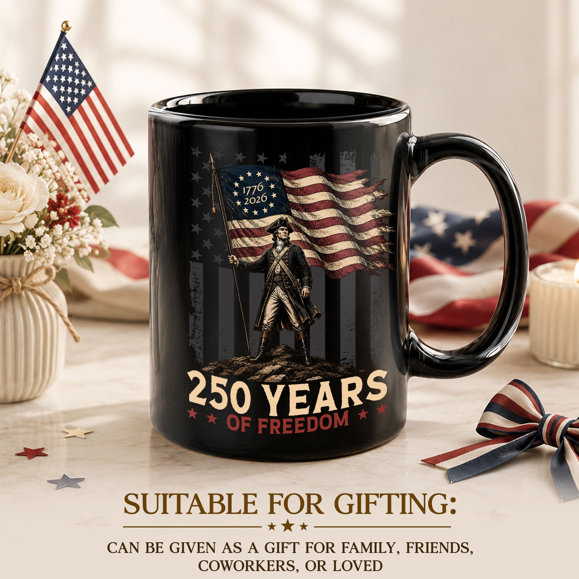 Patriotic Mug 250 Years of Freedom 1776-2026 Revolutionary War Soldier Ceramic Gift