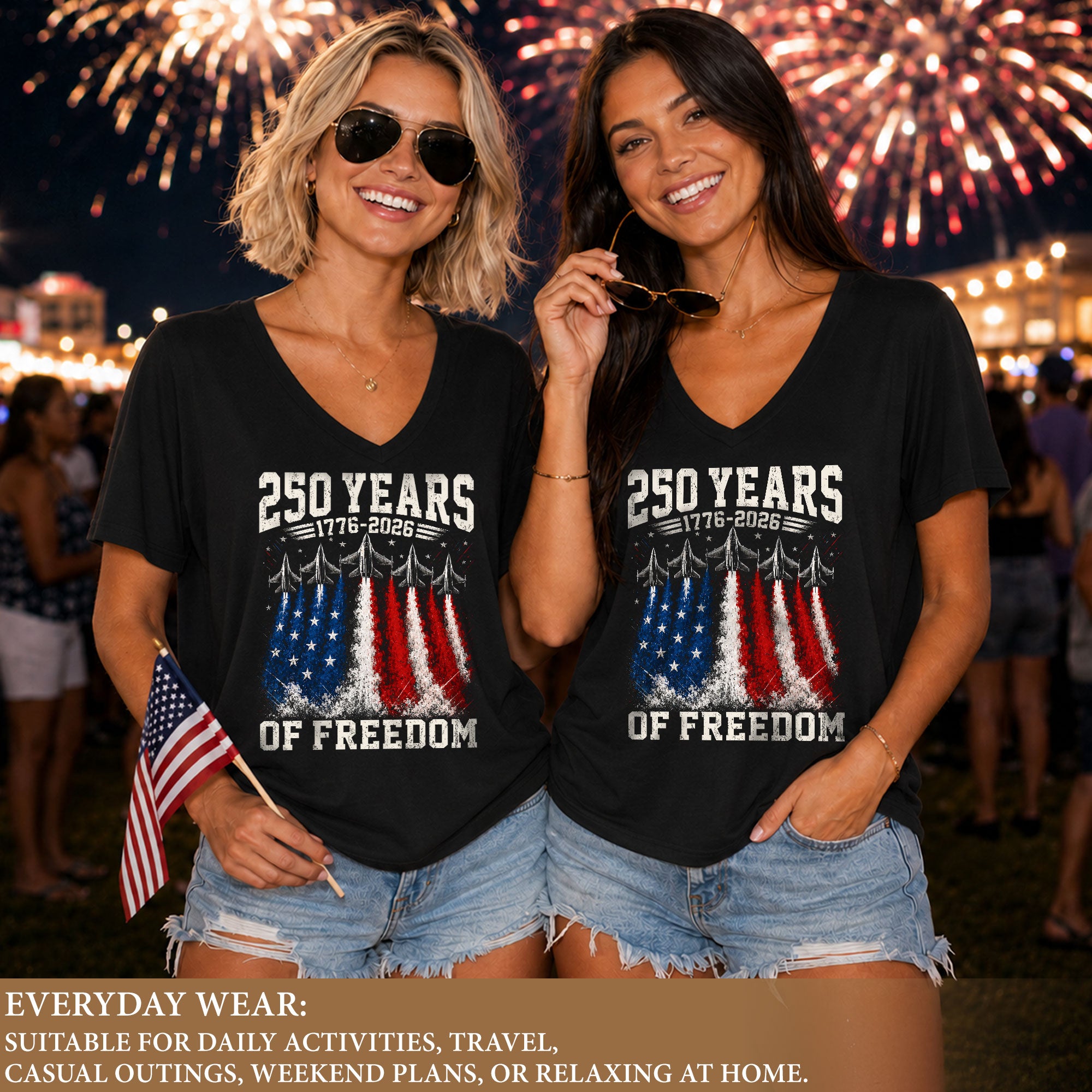 Women V Neck 250 Years of Freedom Shirt 1776 2026 Fighter Jet Patriotic Graphic Tee