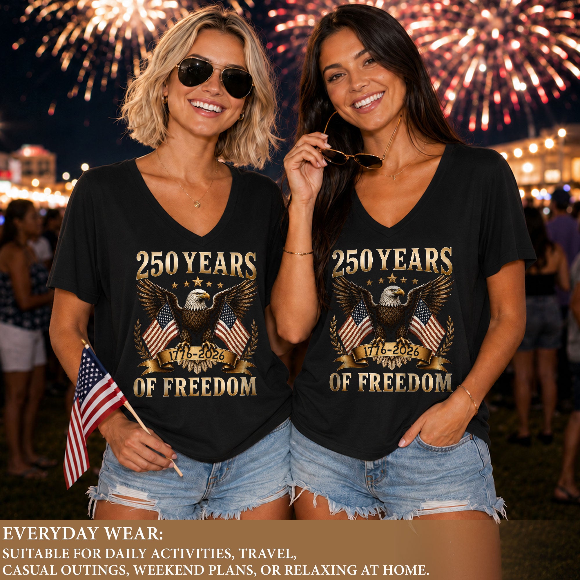Women V Neck 250 Years of Freedom Shirt 1776 2026 Gold Eagle Patriotic US Flag Tee