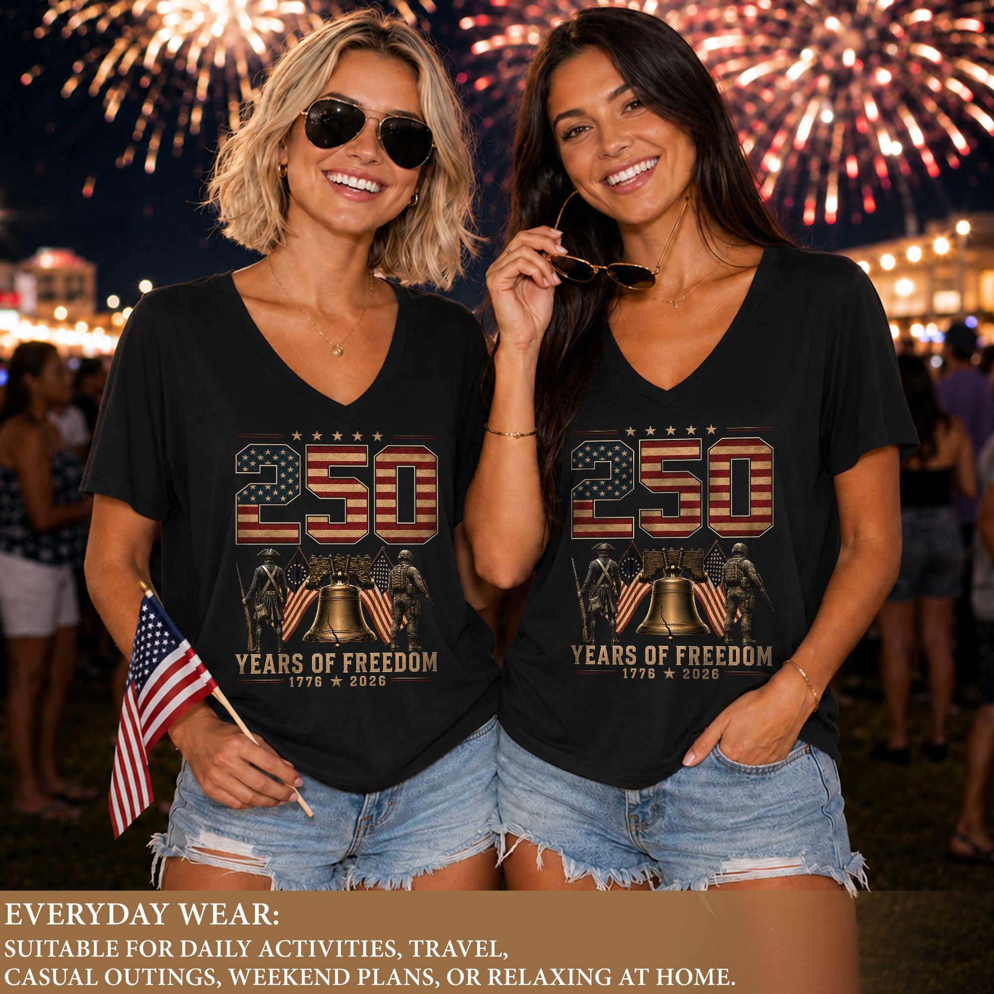 Women V Neck 250 Years of Freedom Shirt 1776 2026 Liberty Bell Patriotic Soldier Tee