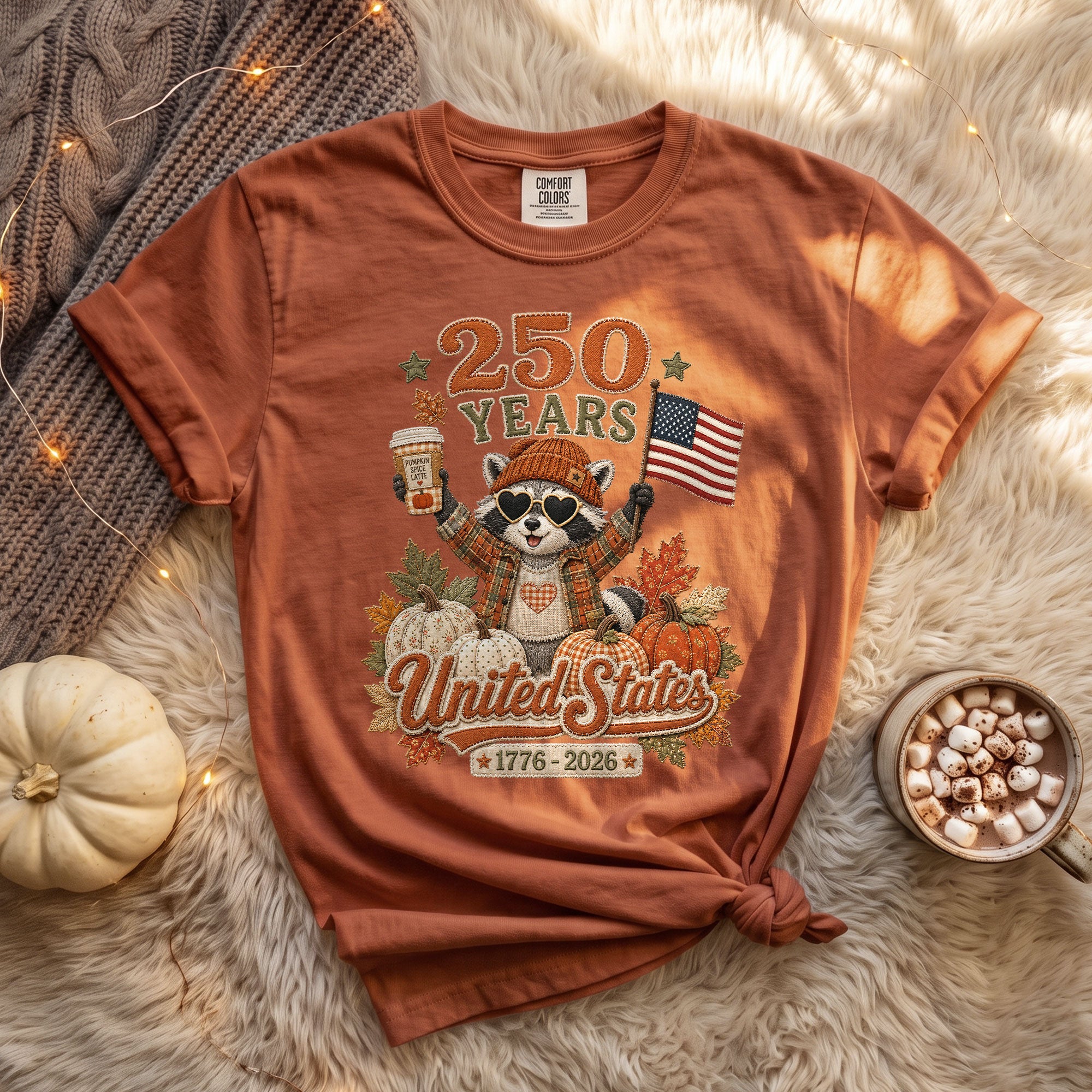 Raccoon Fall T-Shirt: 1776-2026 United States Autumn Graphic Tee for Thanksgiving
