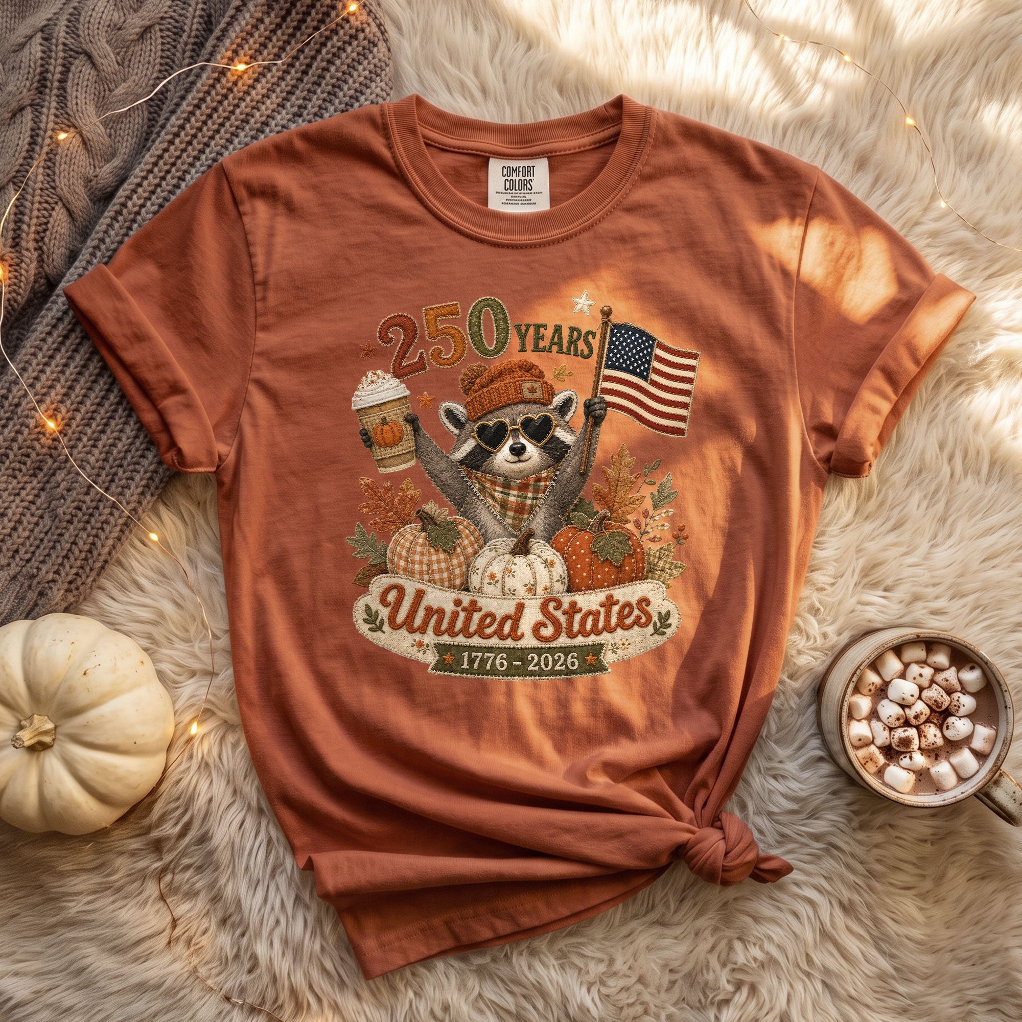 1776-2026 United States Fall Graphic Tee: Cute Raccoon Autumn Pumpkin Spice T-Shirt