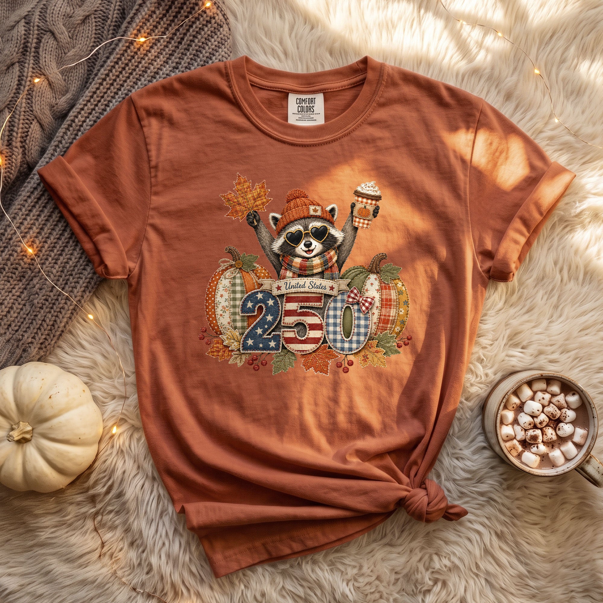 Cute Raccoon 250 Years United States Shirt: Cozy Autumn Pumpkin Seasonal Graphic Tee