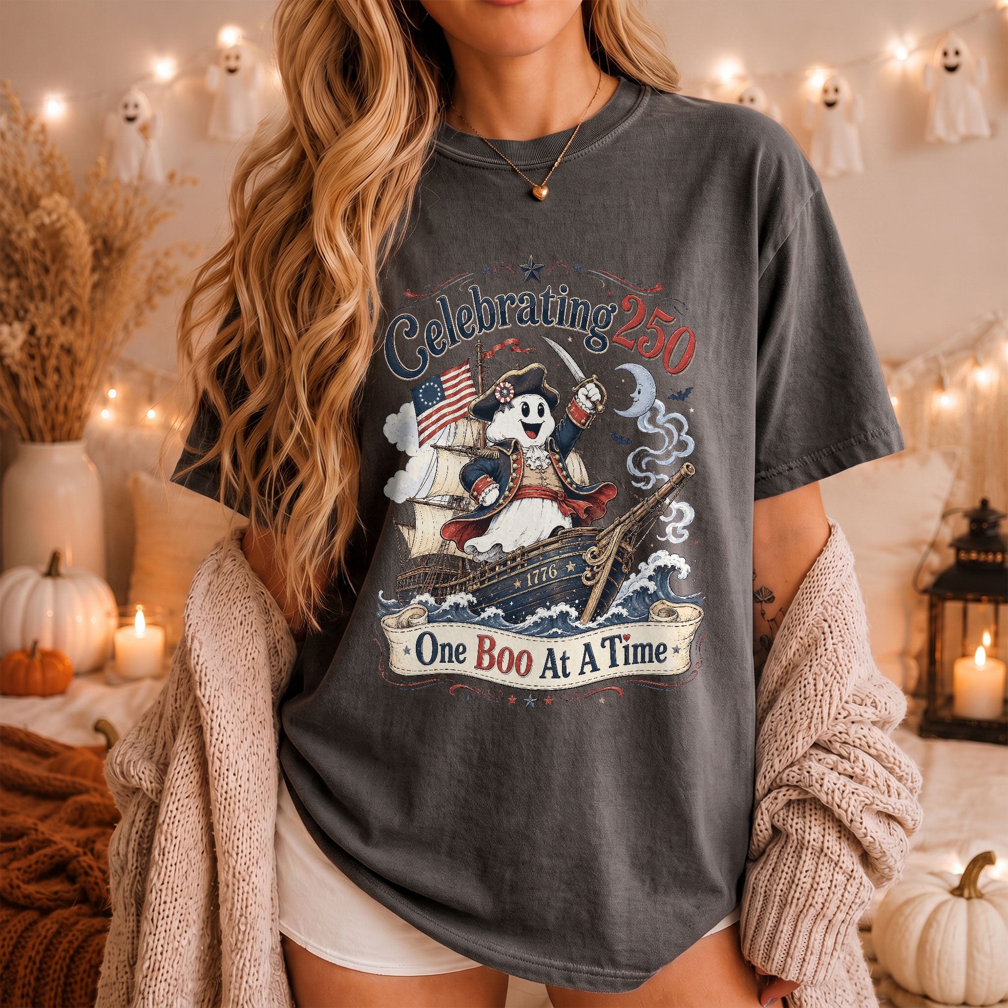 One Boo At A Time Shirt Celebrating 250 Ghost Captain Ship Patriotic Halloween Tee