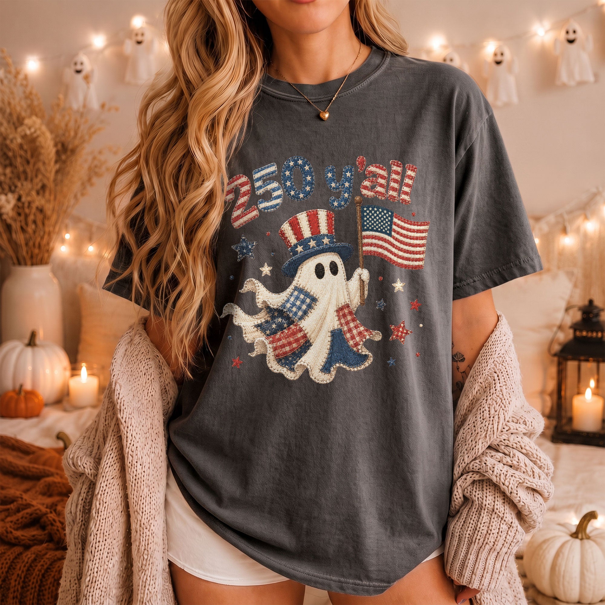250 Y'all Shirt Patriotic Halloween Ghost Uncle Sam Hat American Flag Graphic Tee