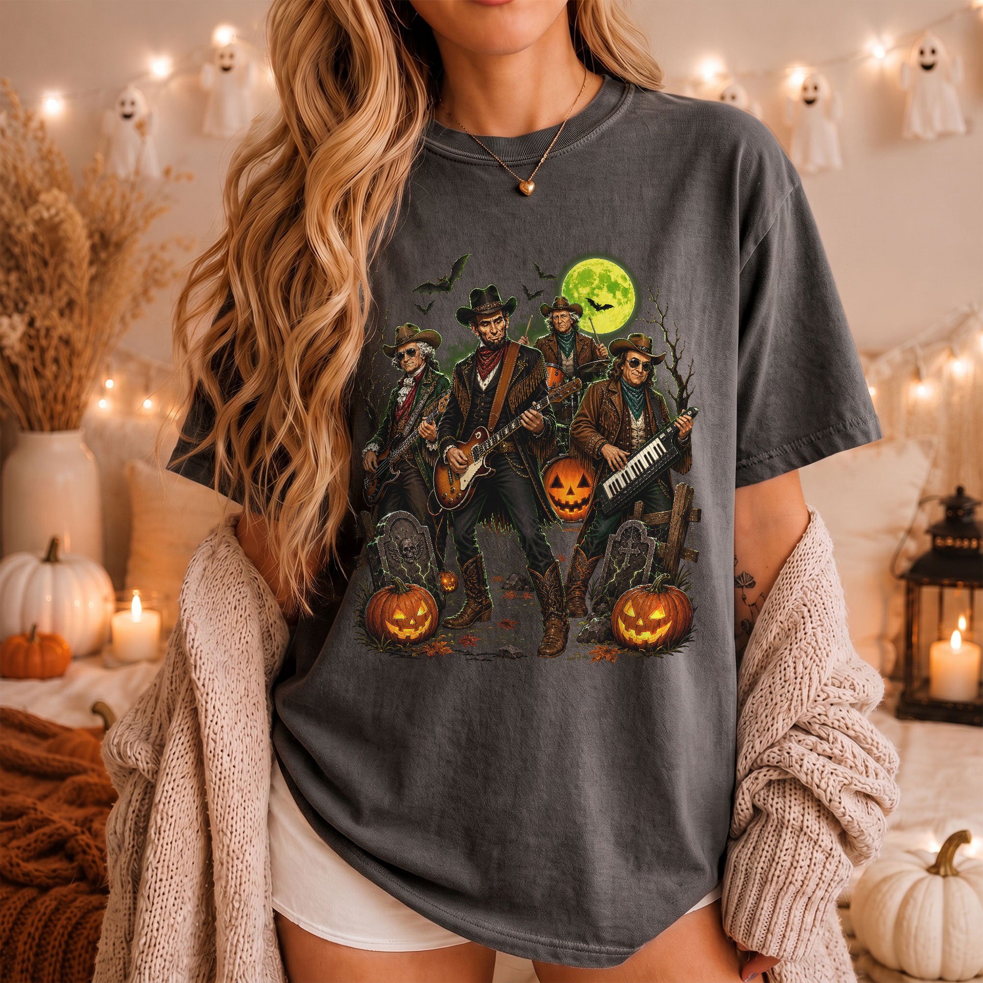 Lincoln Playing Guitar Halloween Shirt Funny Presidents Rock Band Spooky Graphic Tee