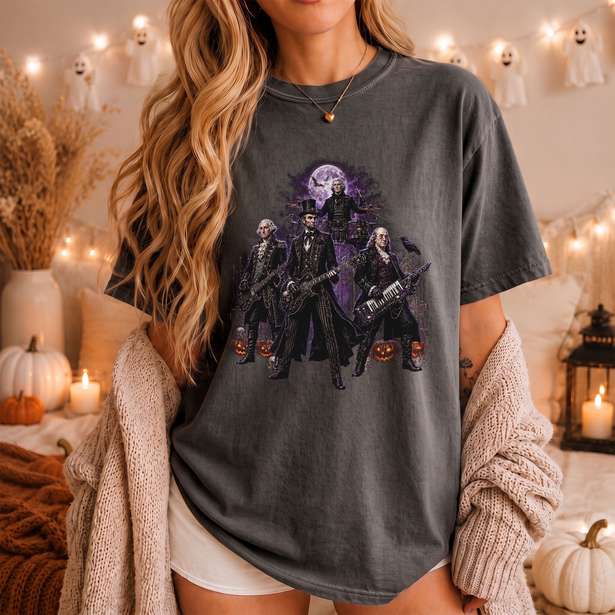 Lincoln Playing Guitar Halloween Shirt Funny Presidents Rock Band Goth Graphic Tee