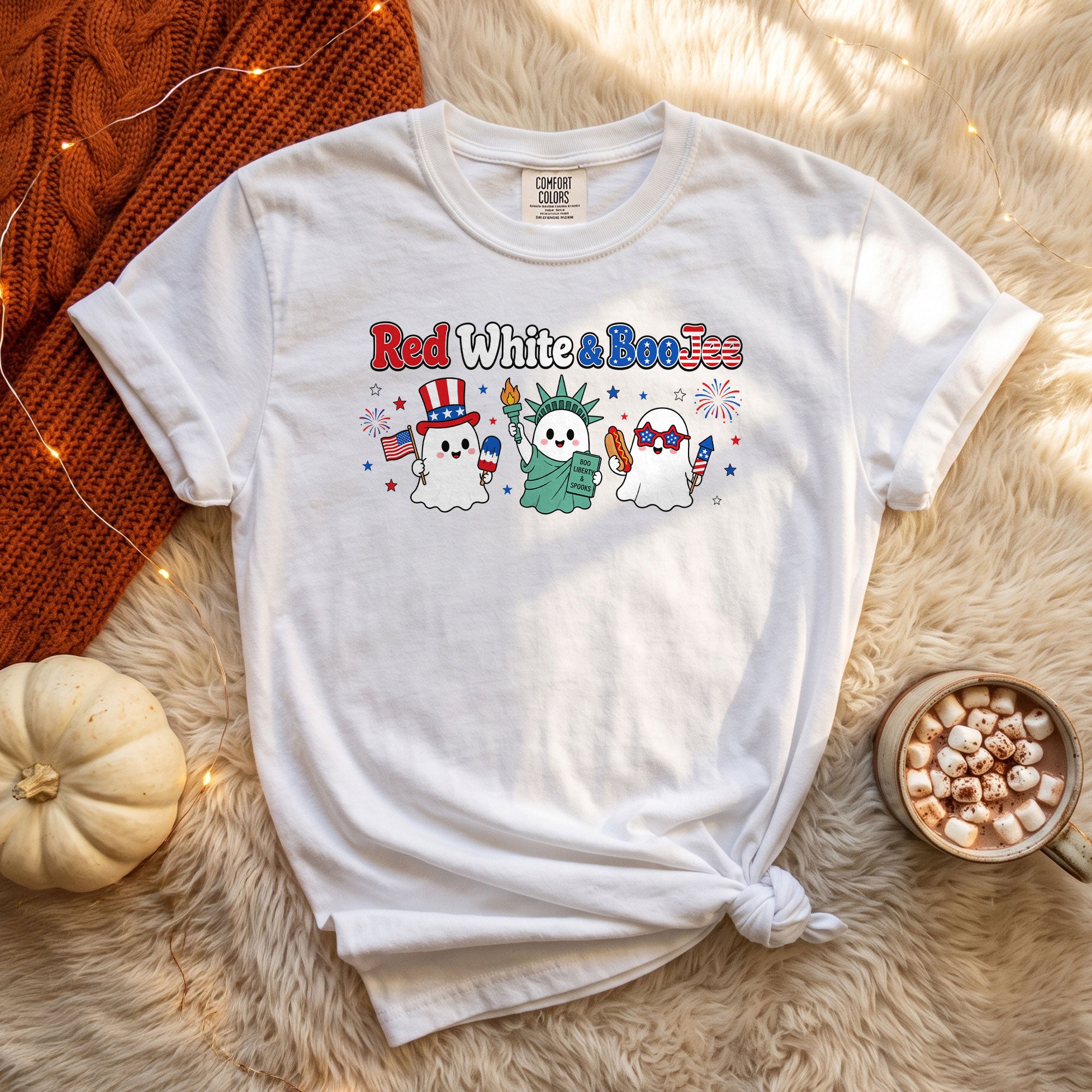 Unique Red White And BooJee Tee Adorable Patriotic Ghost Cartoon Graphic Shirt