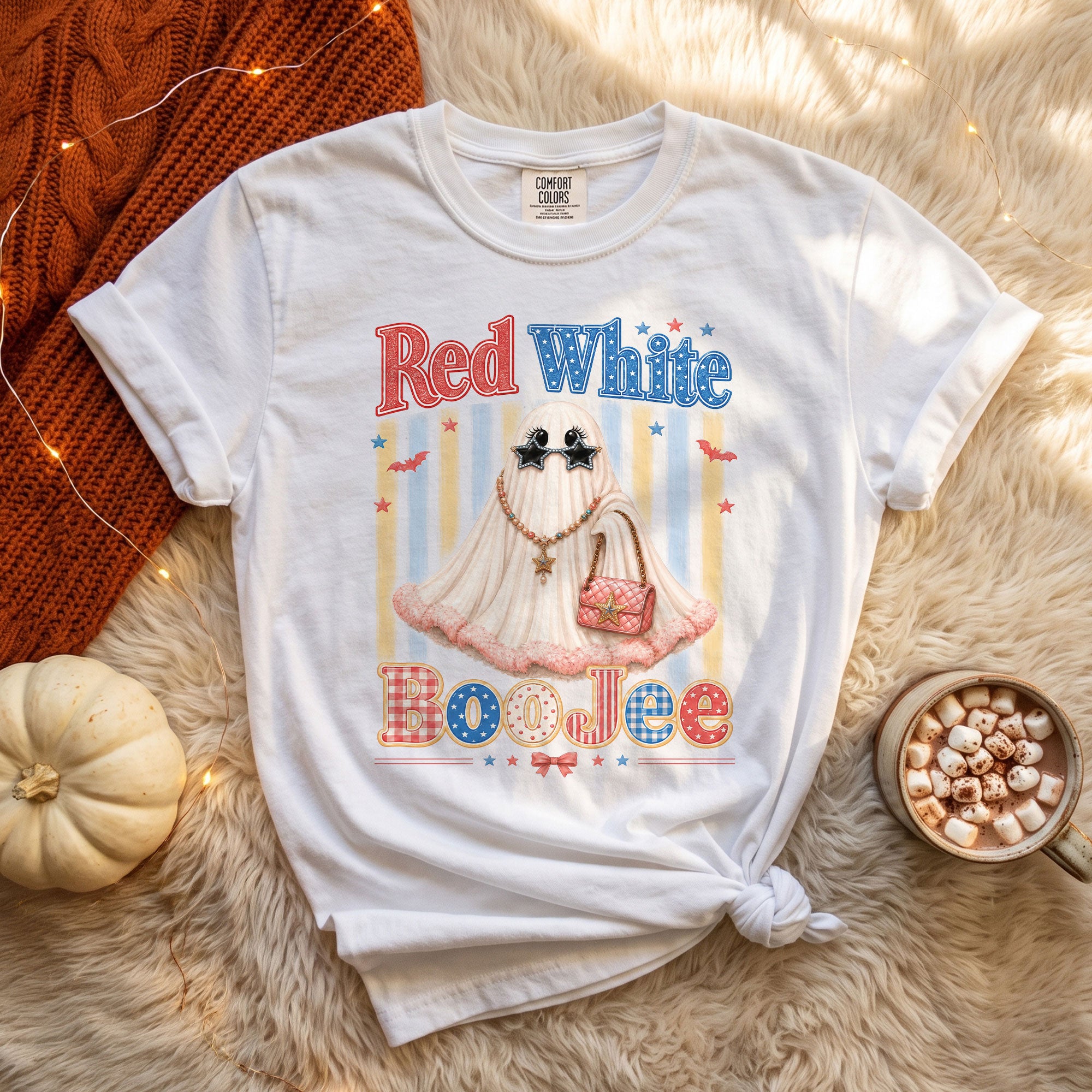 Red White BooJee Ghost Graphic T Shirt Trendy Patriotic Apparel For Unisex Wear