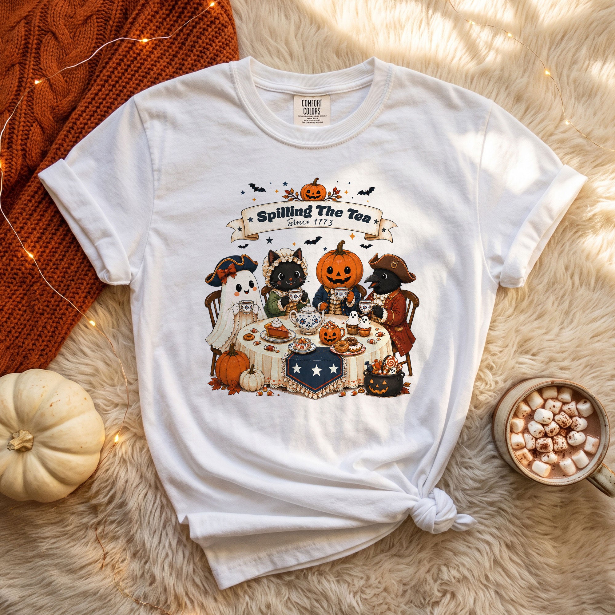 Spilling The Tea Since 1773 Tee Cute Aesthetic Halloween Ghost Cat Pumpkin Fall Shirt