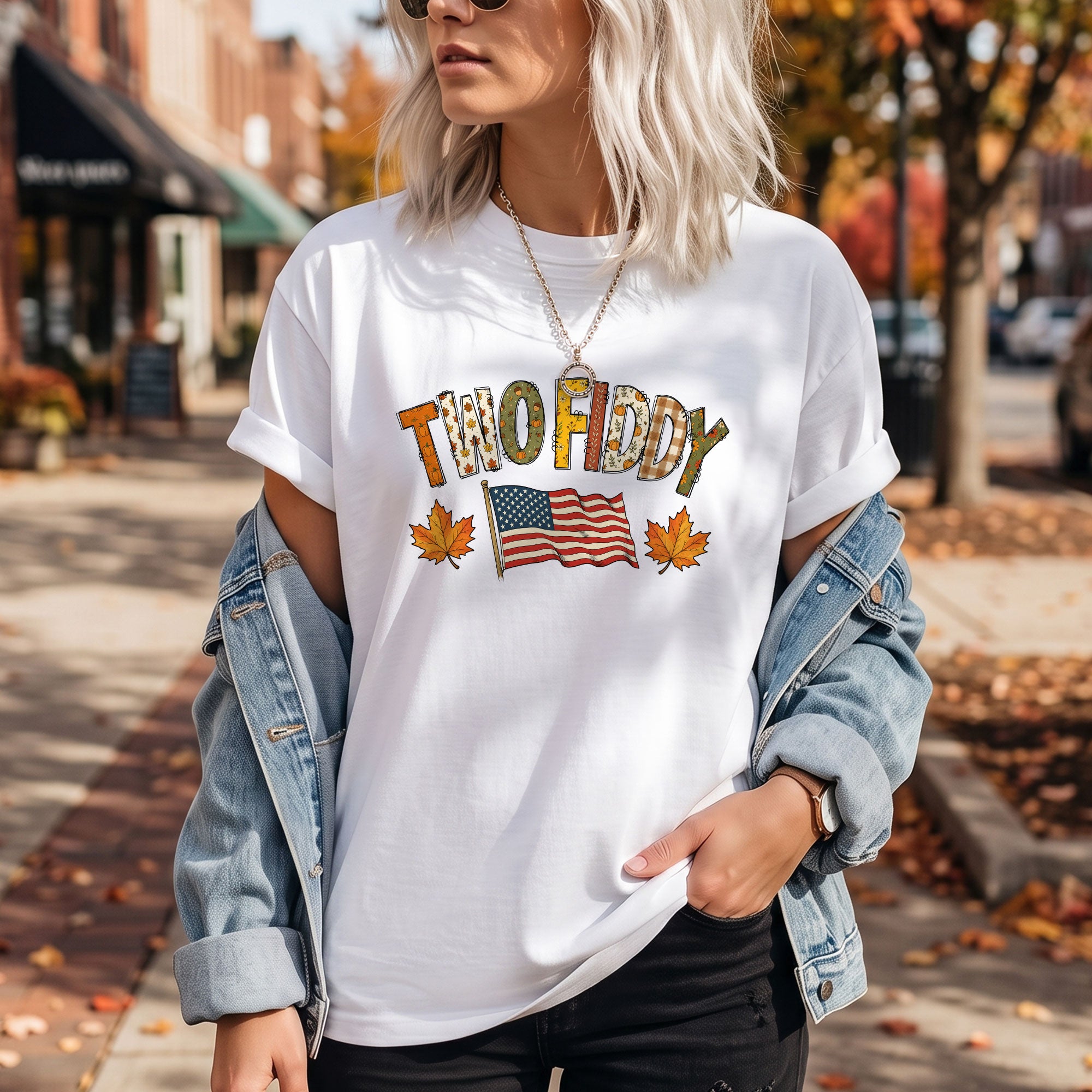 Two Fiddy Shirt Fall Vibes US Flag Maple Leaf Autumn Patriotic Graphic Tee