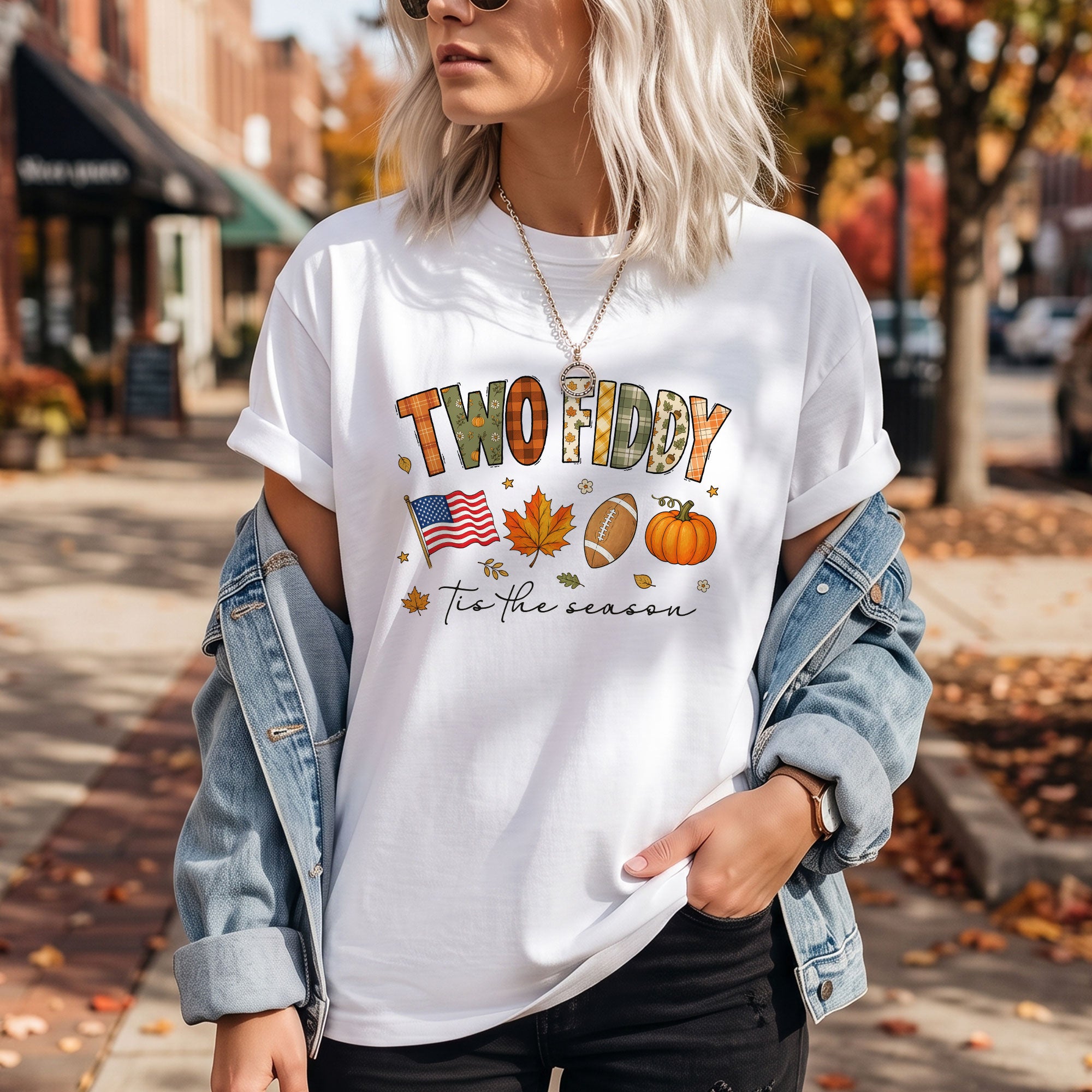 Two Fiddy Tis The Season Shirt Football Pumpkin Fall US Flag Patriotic Tee
