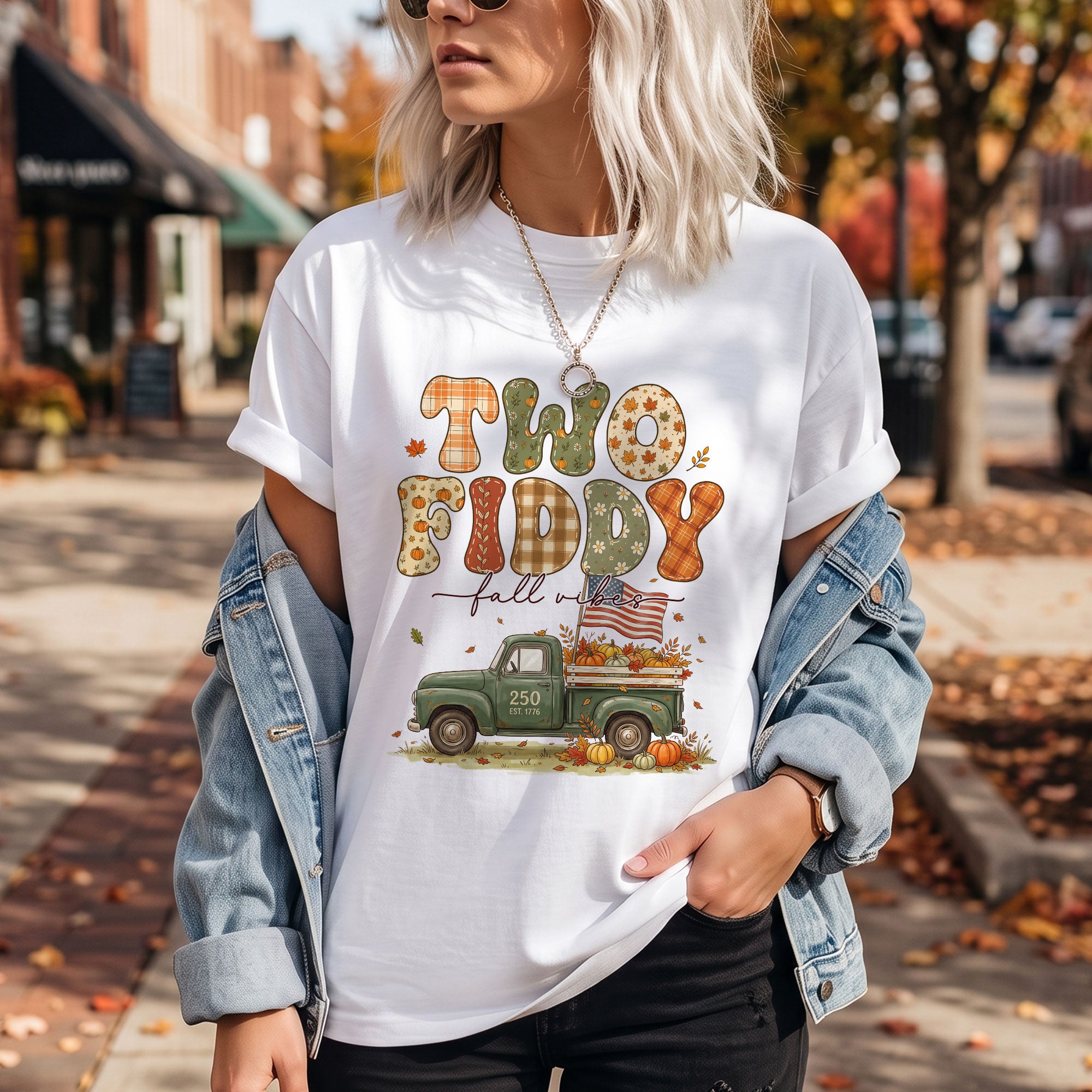 Two Fiddy Fall Vibes Shirt Vintage Pumpkin Truck US Flag Autumn Graphic Tee