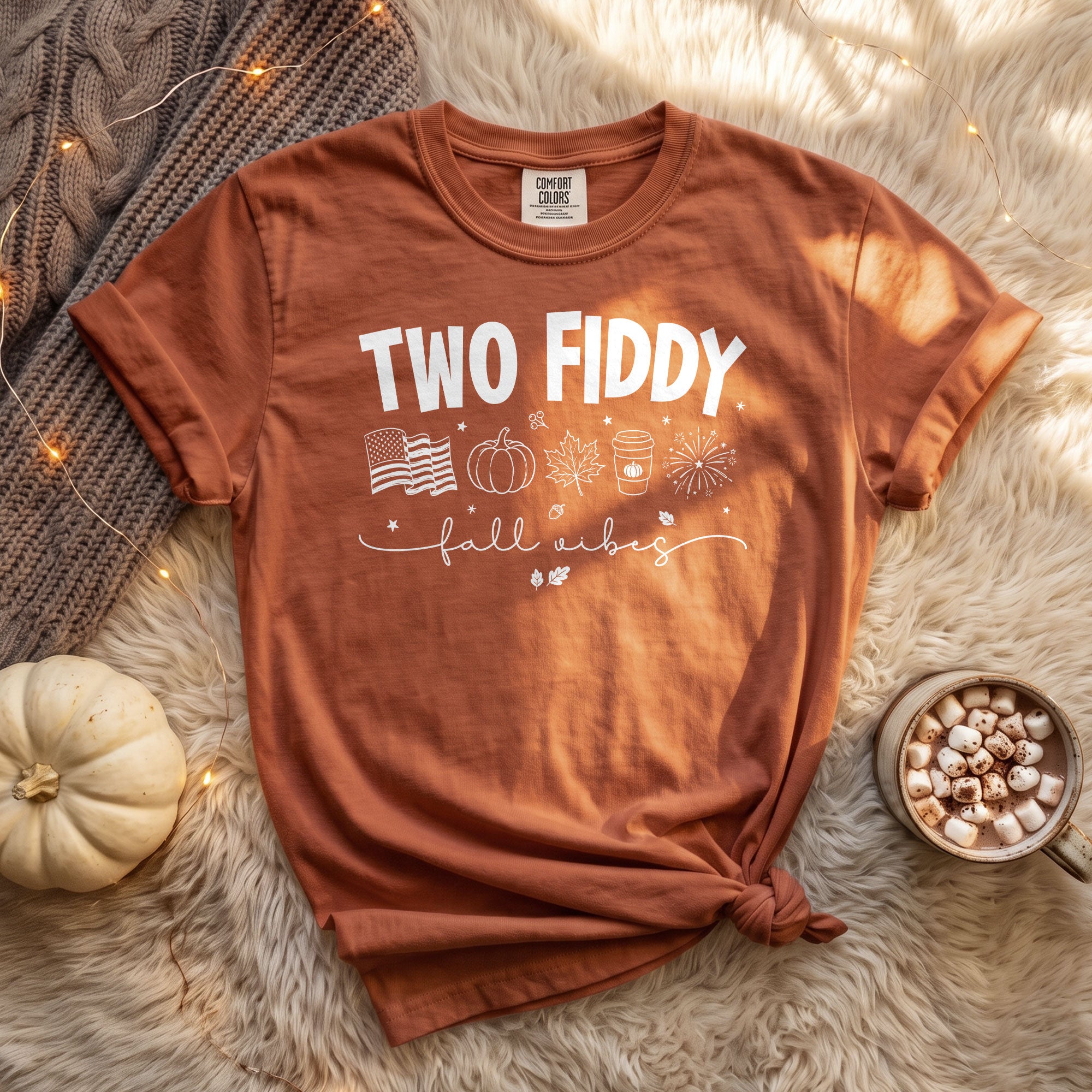 Two Fiddy Fall Shirt Pumpkin Spice Coffee US Flag Fireworks Autumn Graphic