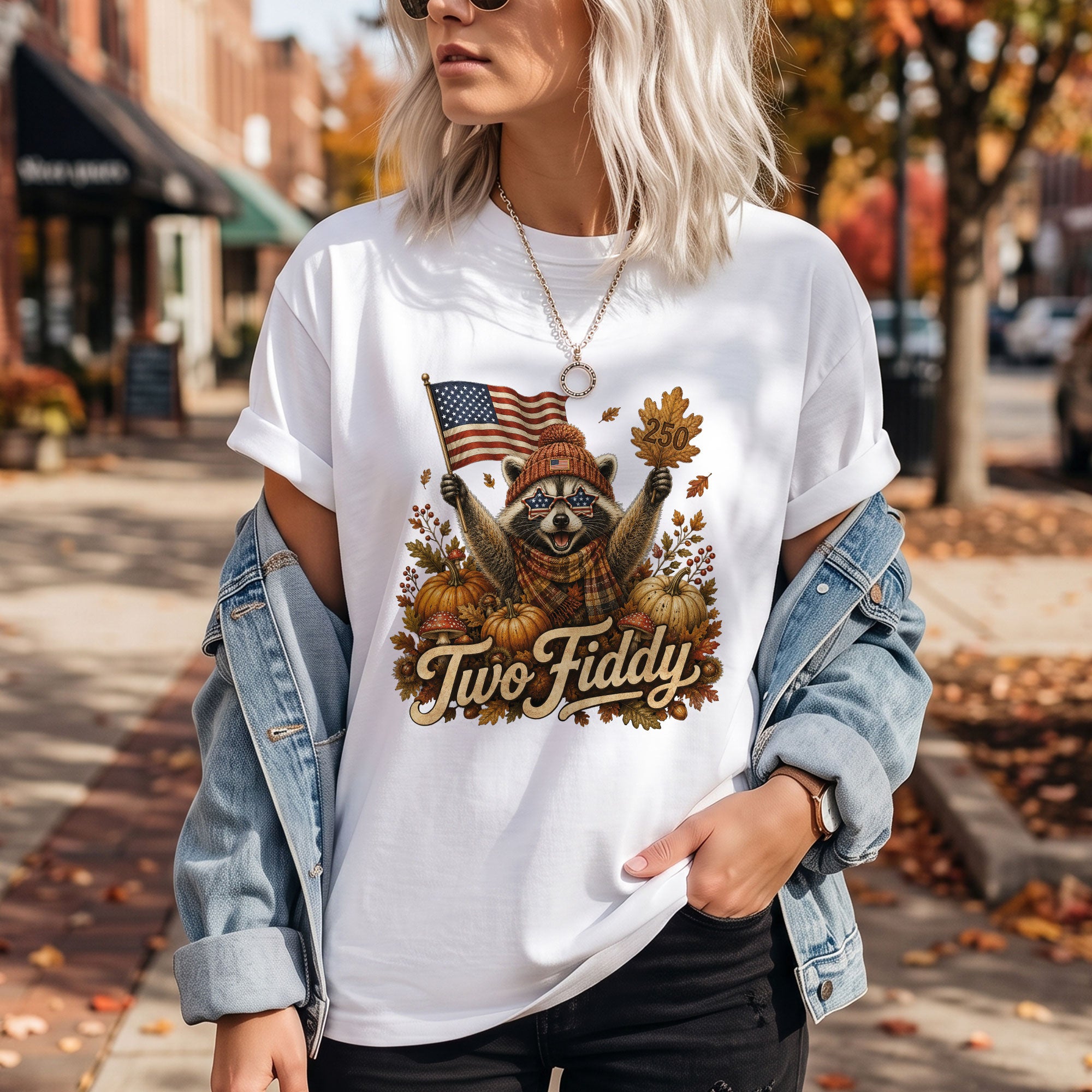 Patriotic Fall Shirt Two Fiddy Retro Raccoon Pumpkin US Flag Autumn Graphic Tee