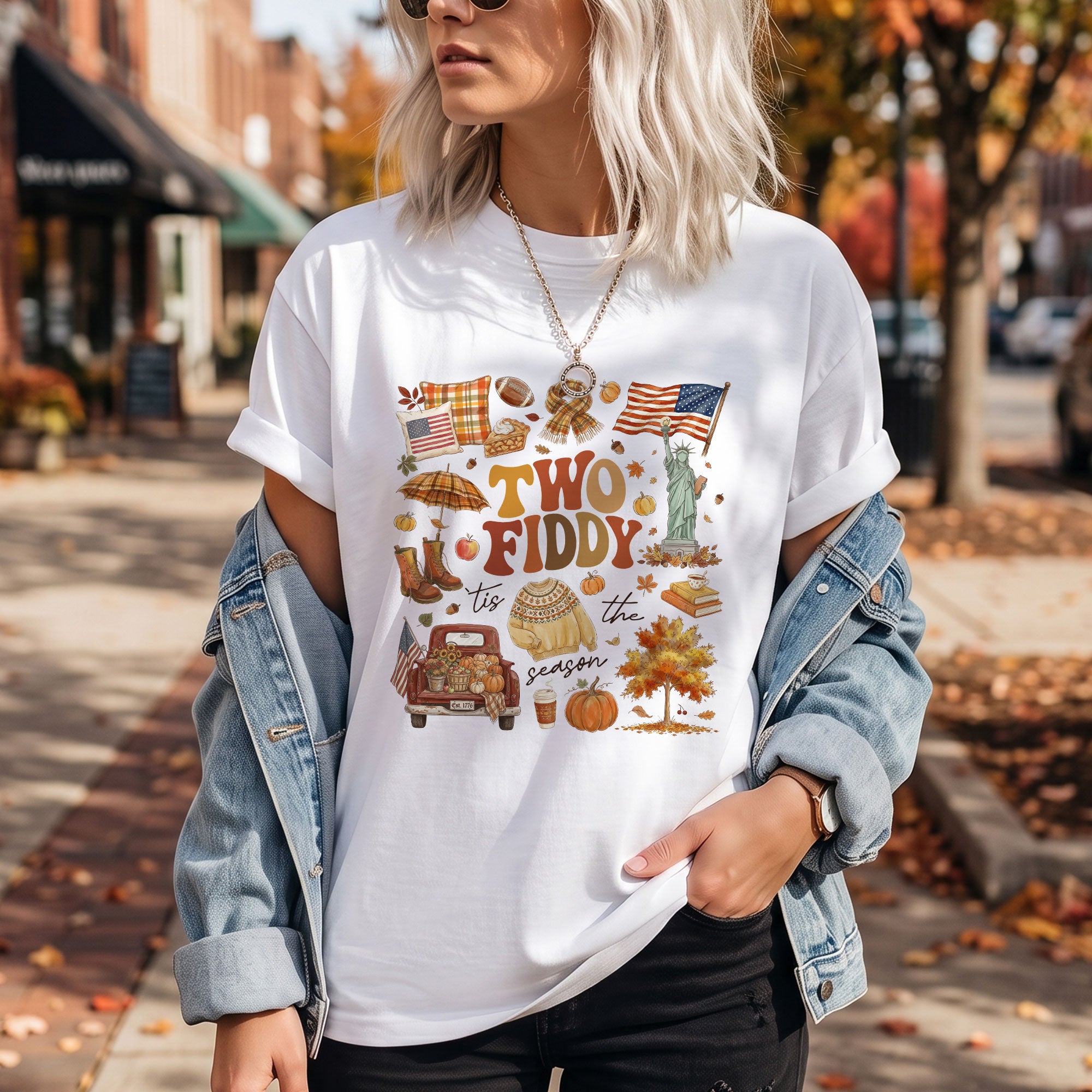 Two Fiddy Tis The Season Shirt Fall Doodle Pumpkin Statue of Liberty US Flag Tee