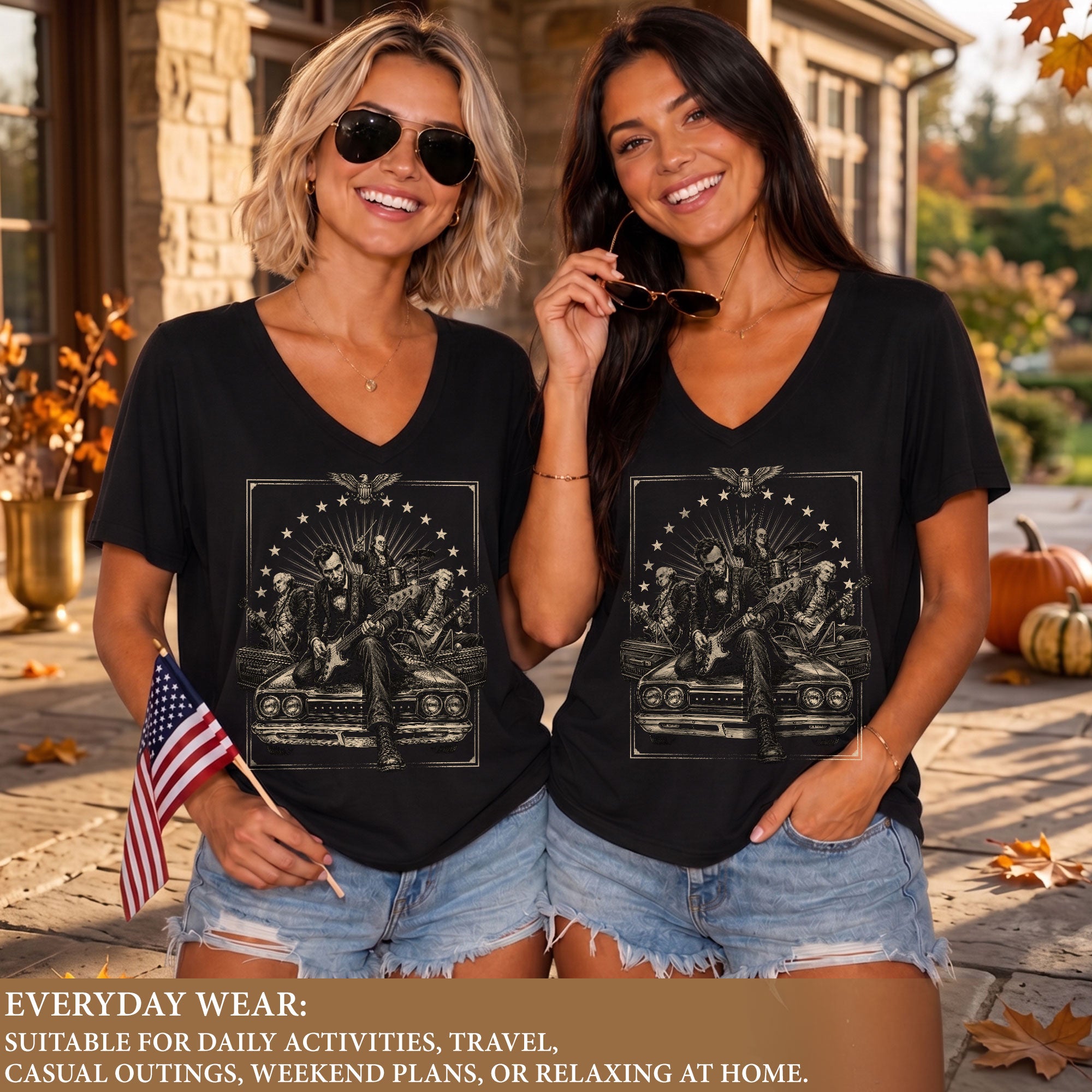 Lincoln Playing Guitar Vintage V-Neck Graphic T Shirt Patriotic Band Women's Top