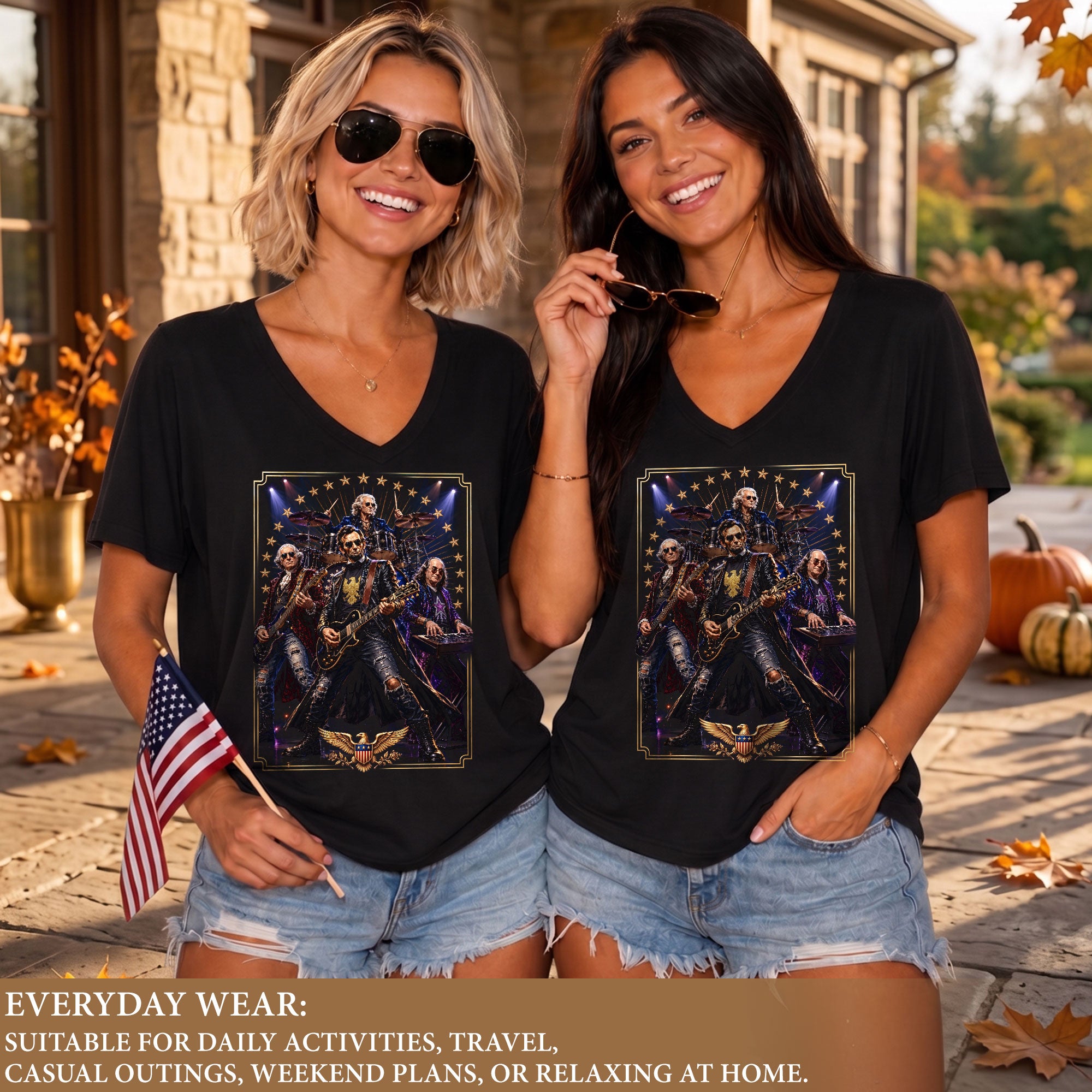 Presidential Rock Band V-Neck Graphic T Shirt Patriotic Vintage Women's Casual Top