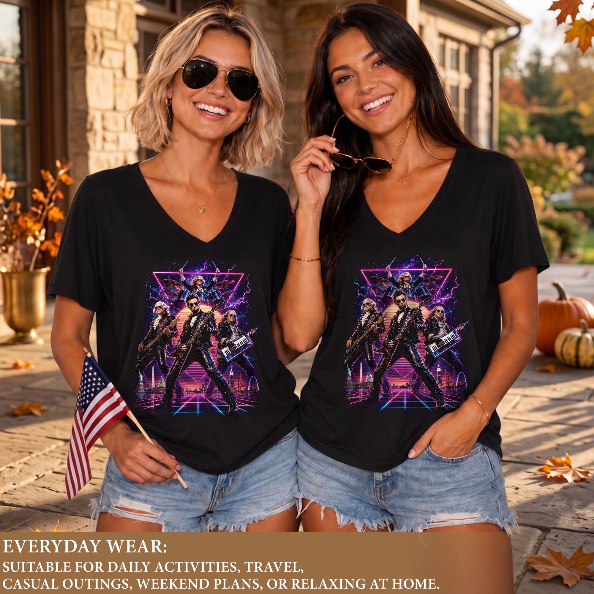 Presidential Rockers Synthwave V-Neck Graphic Shirt Patriotic Women's Casual Tee