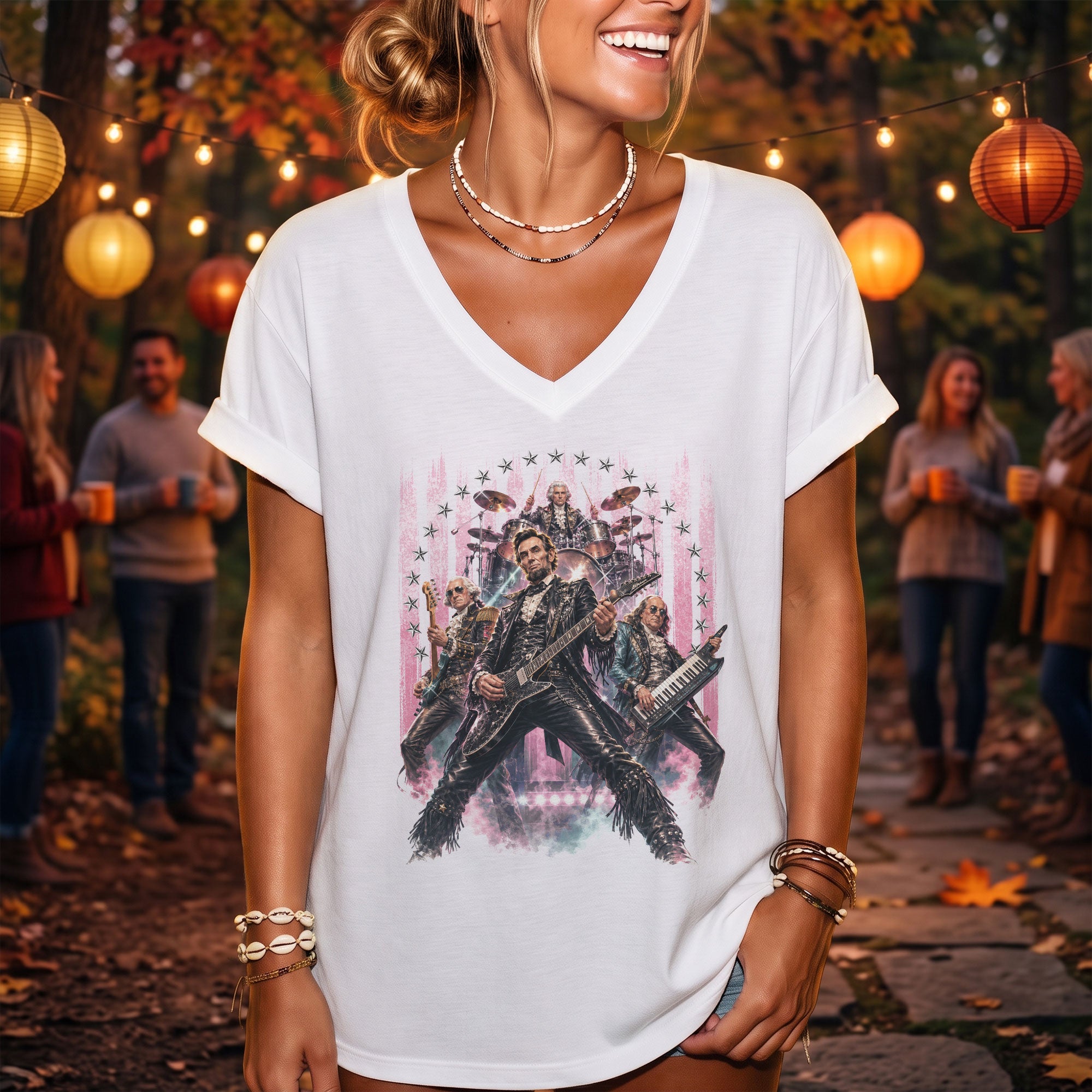 Vintage Presidential Band V-Neck Graphic Shirt Pink Patriotic Women's Apparel Top
