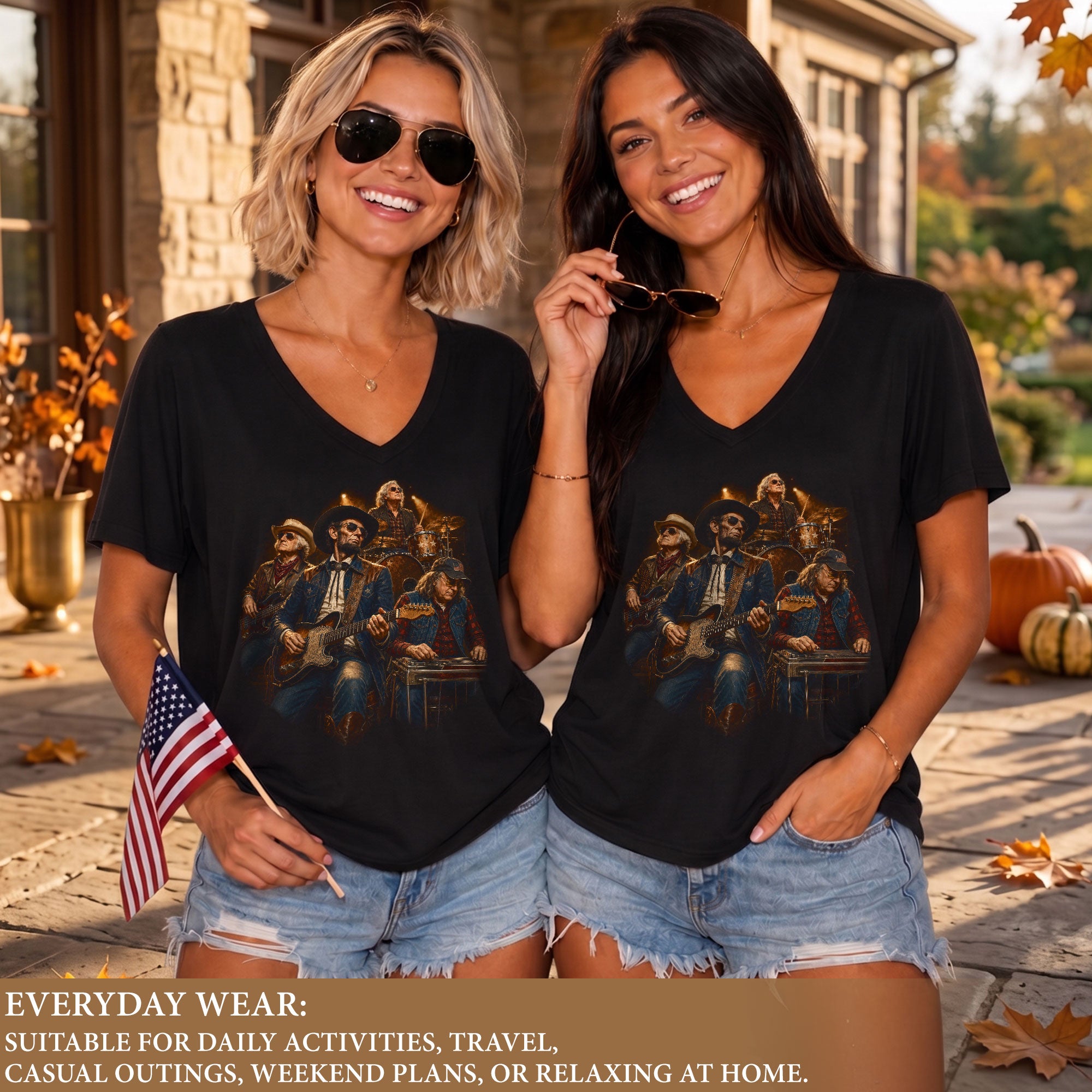 Presidential Country Band V-Neck Graphic T Shirt Patriotic Women's Casual Fashion Top