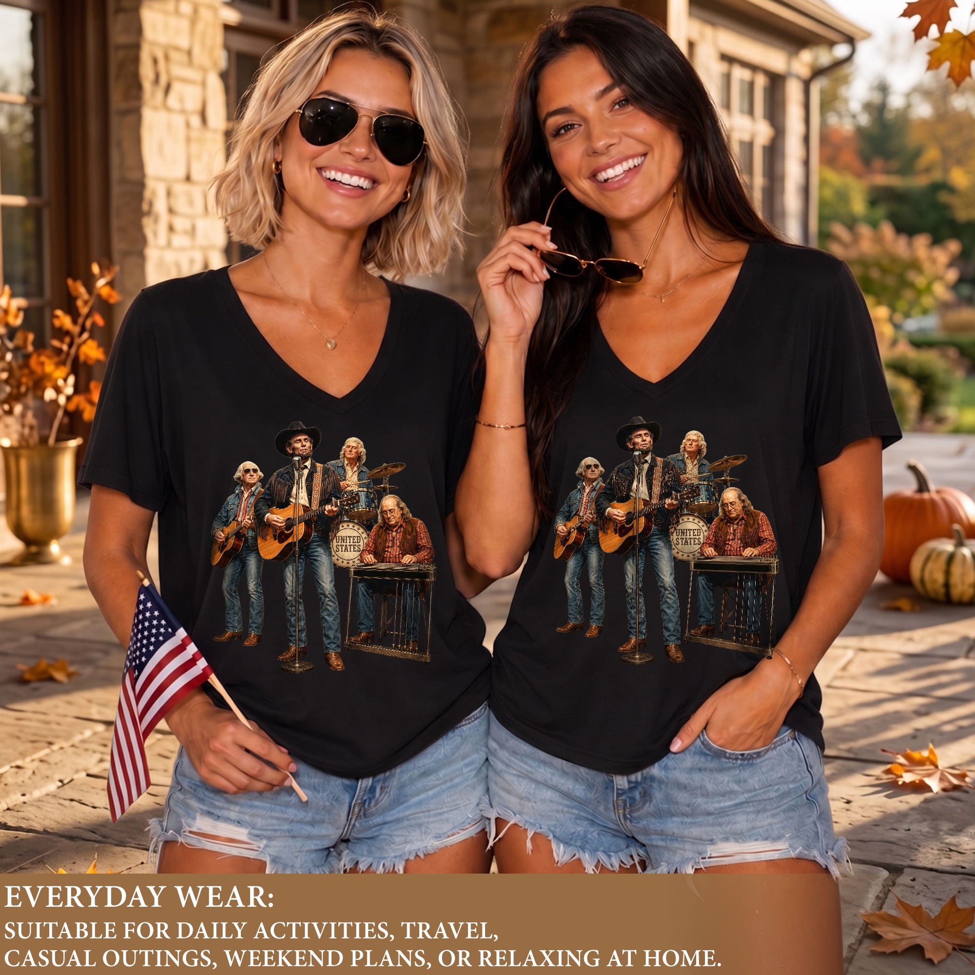 Presidential Country Music Band V-Neck Graphic Shirt Patriotic Women's Apparel Top