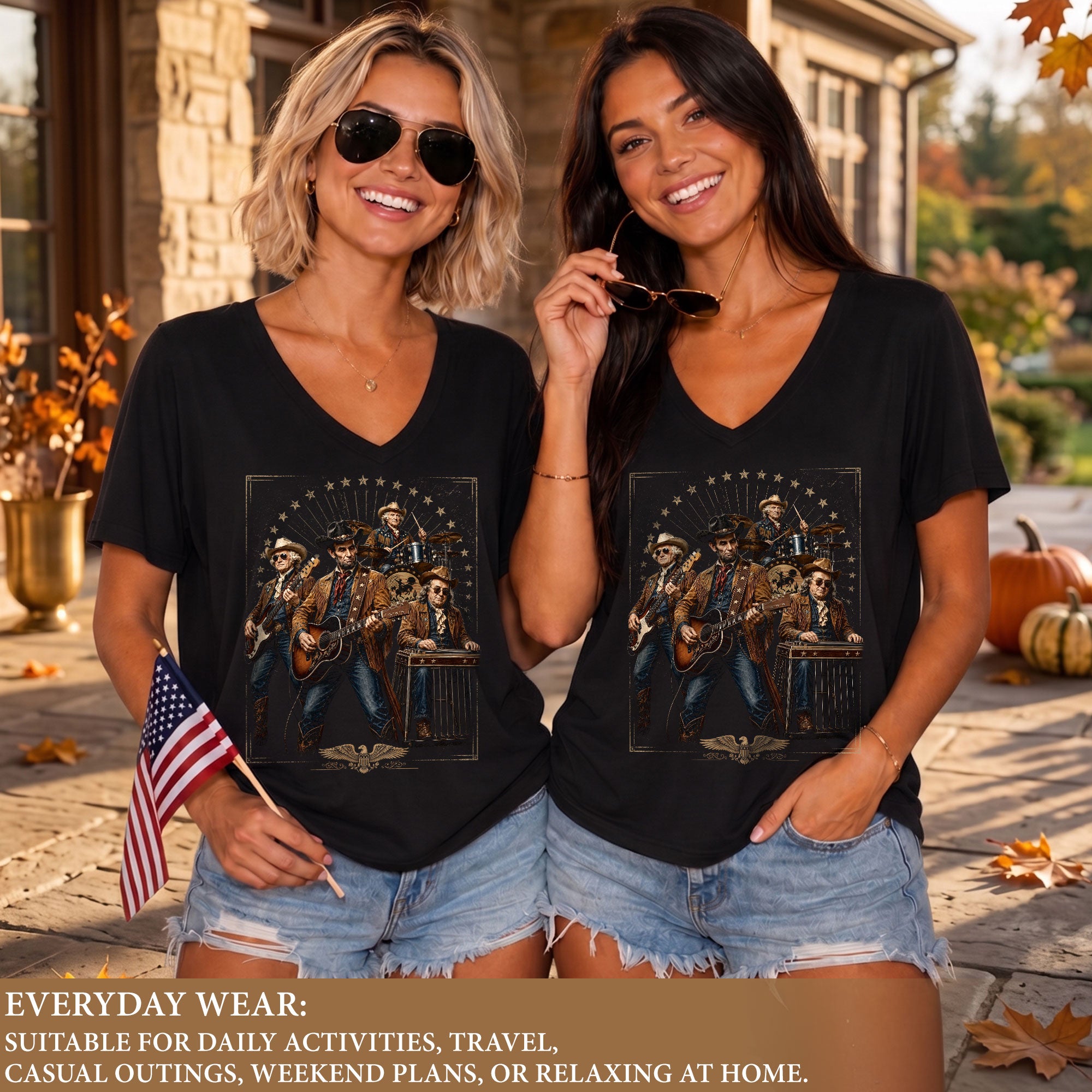 Vintage Historical Country Rockers V-Neck Tee Patriotic Style Women's Casual Shirt