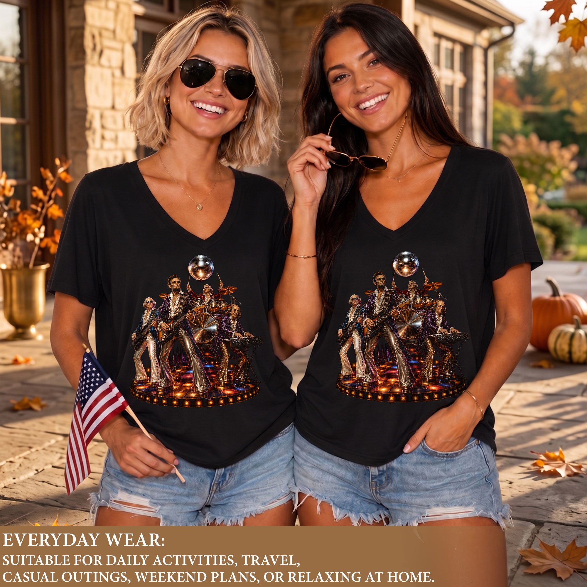 Unique Presidential Disco Music V-Neck Graphic T-Shirt Patriotic Women's Casual Wear