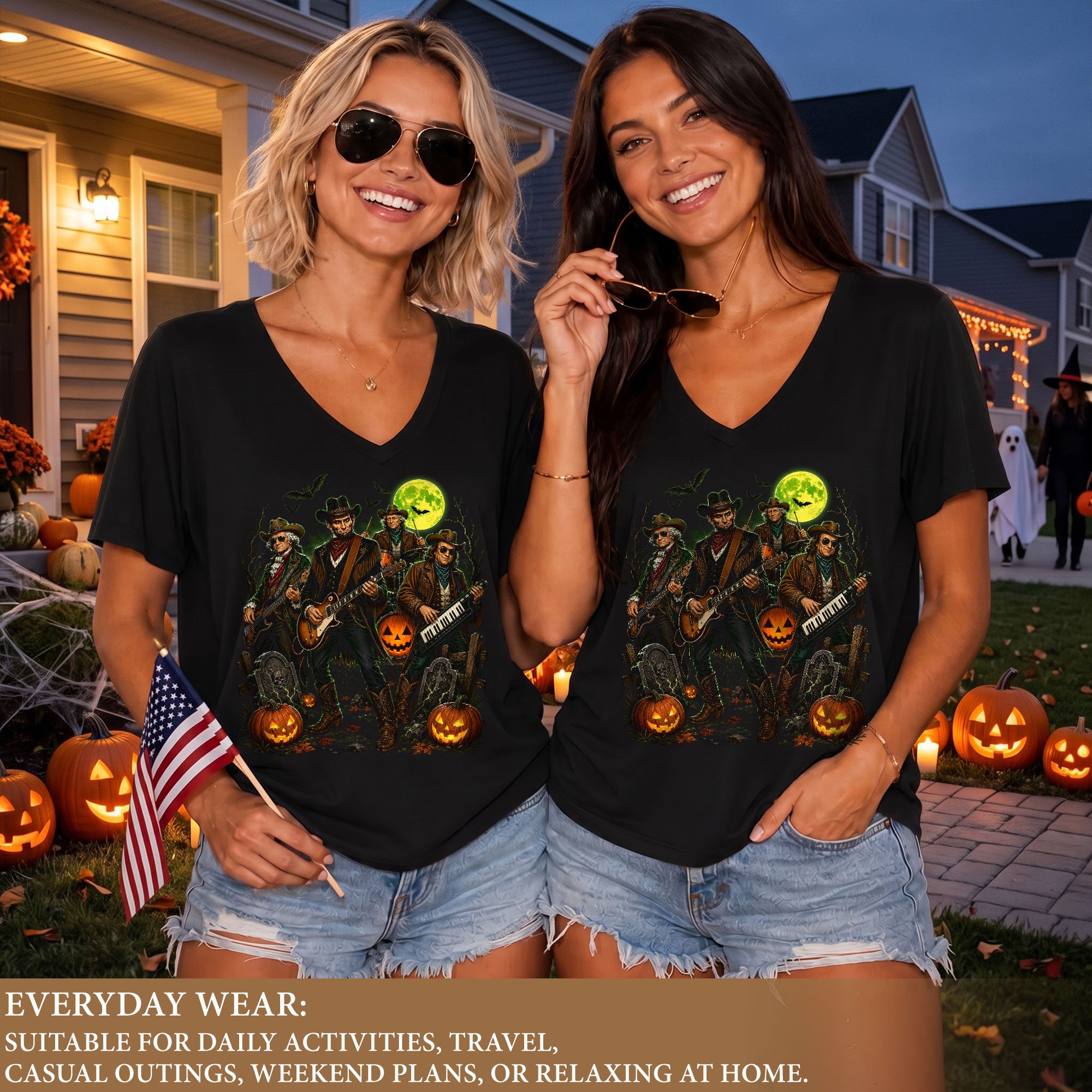 Halloween Lincoln Playing Guitar V-Neck Shirt Women Spooky Historical Rock Band Tee