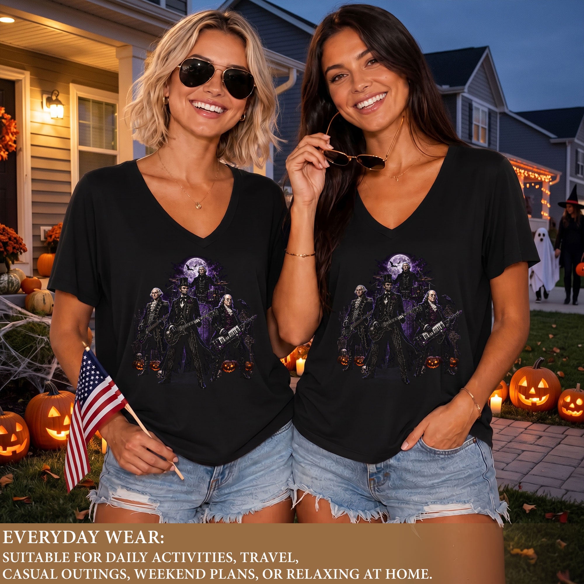 Founding Fathers Rock Band Halloween V-Neck Shirt Women Lincoln Playing Guitar Tee