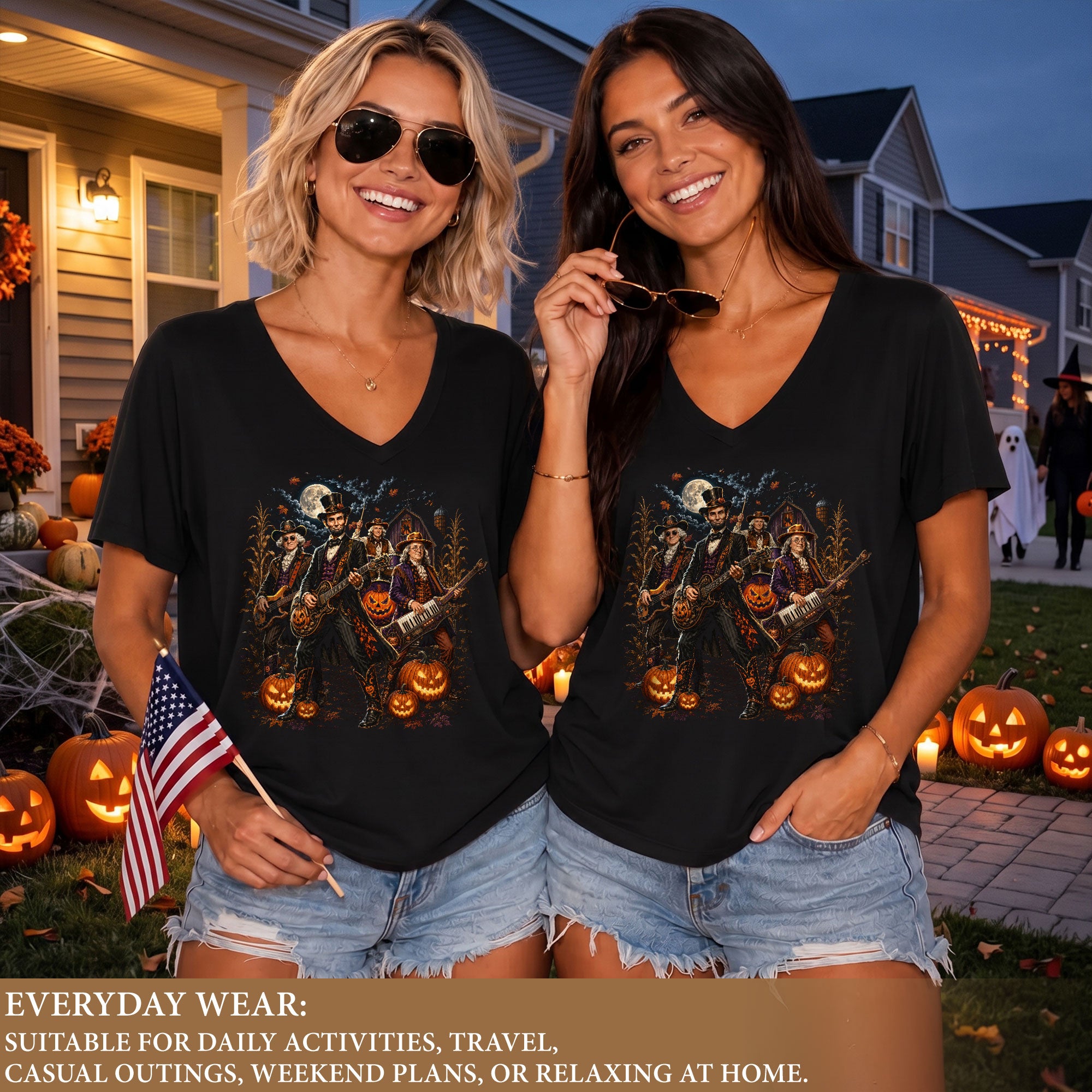 Lincoln Playing Guitar Halloween V-Neck Shirt Women Spooky Presidents Cornfield Tee