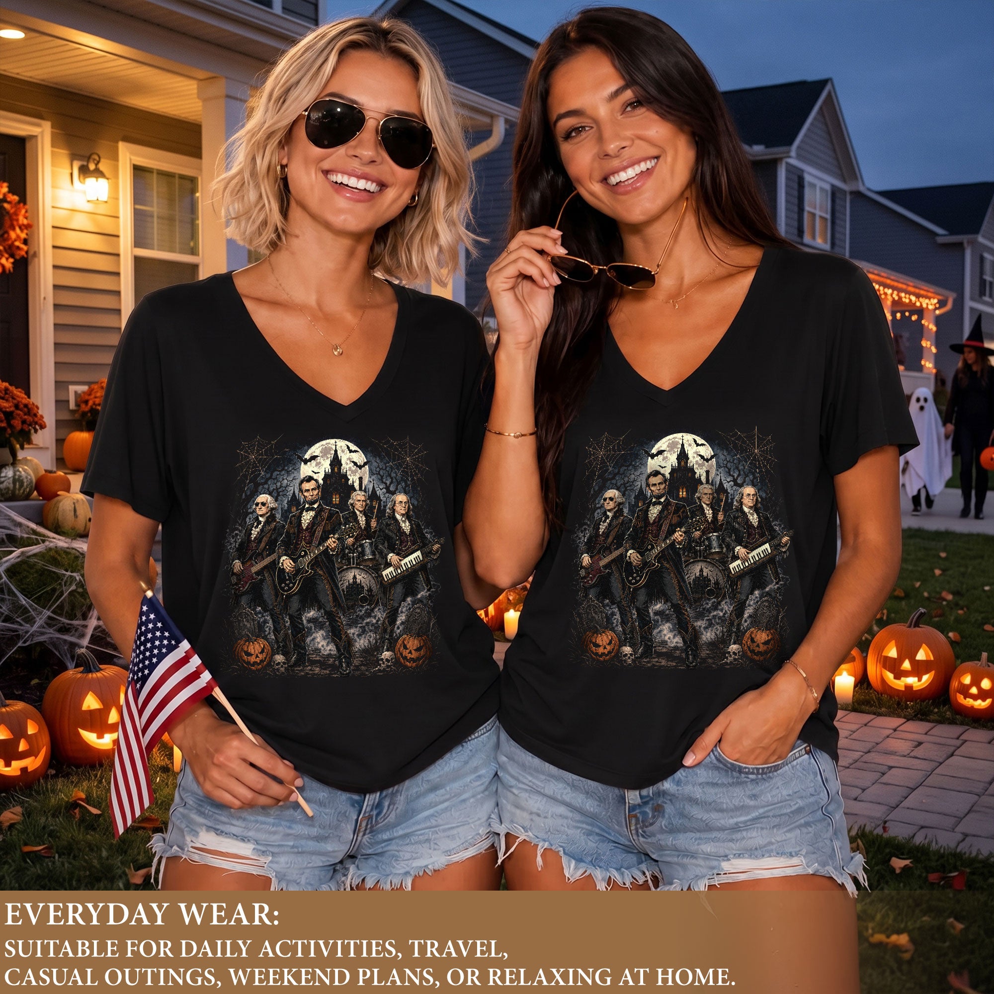 Lincoln Playing Guitar Halloween V-Neck Shirt Women Spooky Haunted Castle Band Tee
