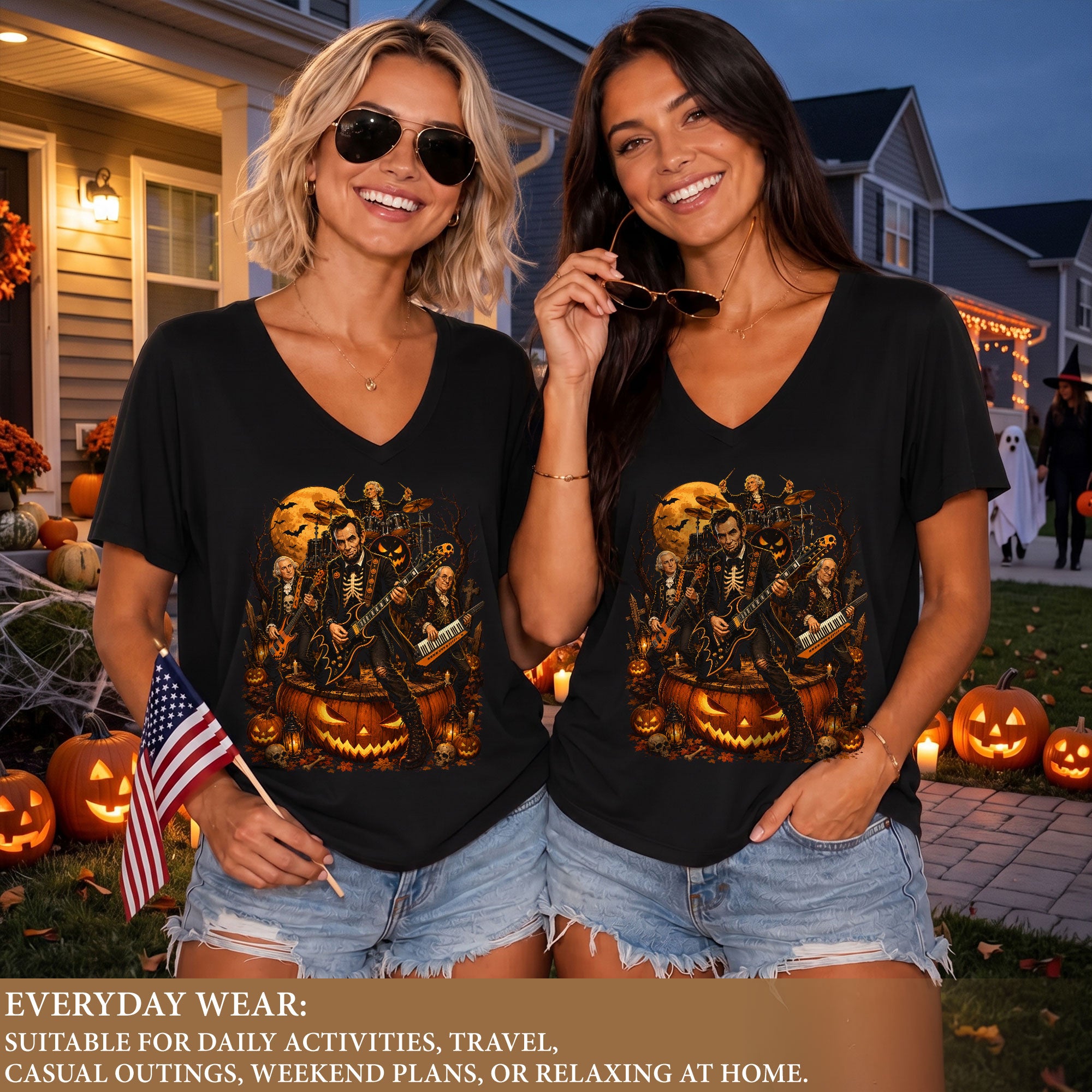 Lincoln Skeleton Guitar Halloween V-Neck Shirt Women Spooky Giant Pumpkin Band Tee