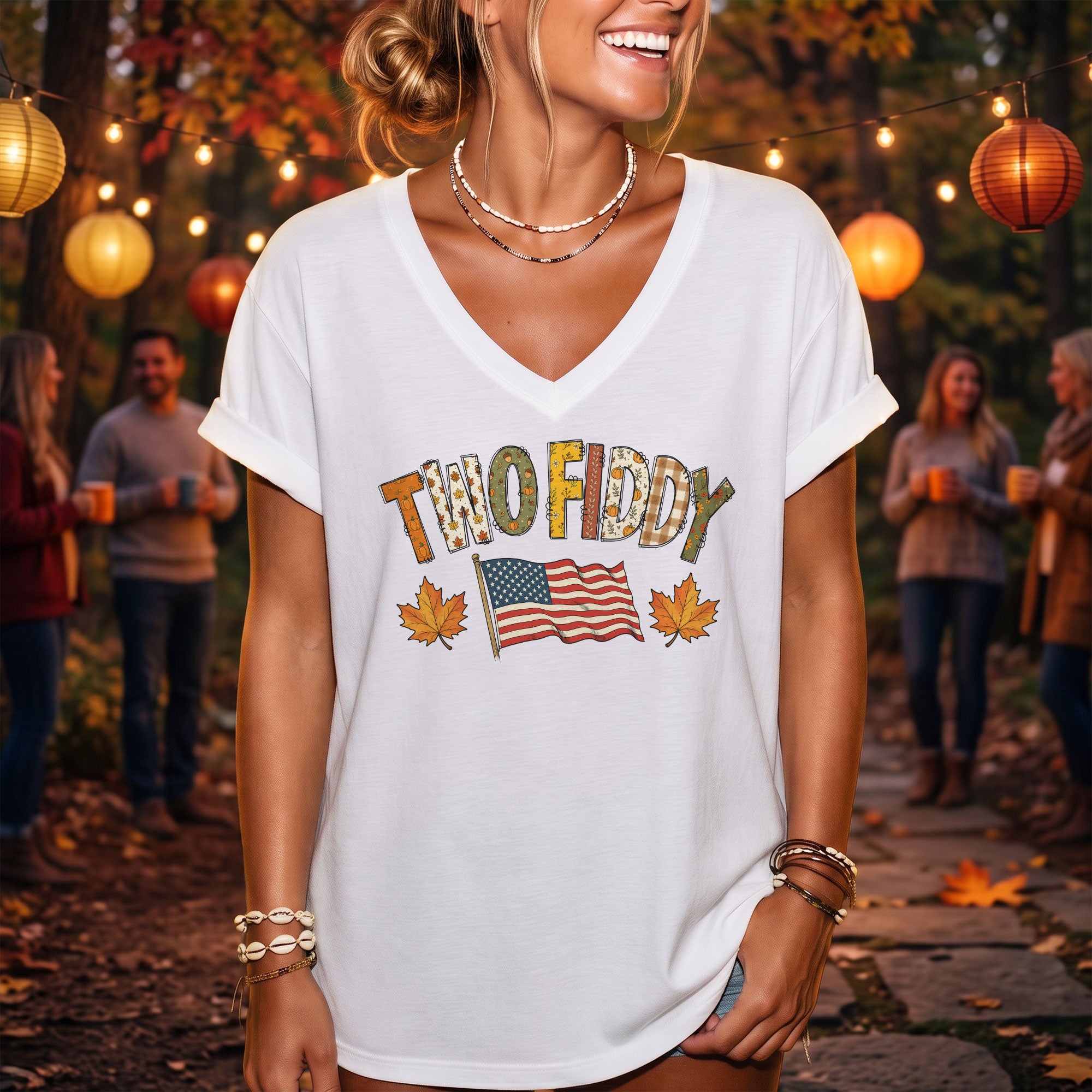 Two Fiddy Fall Flag Graphic V-Neck T-Shirt Patriotic Autumn Women's Casual Fashion Top